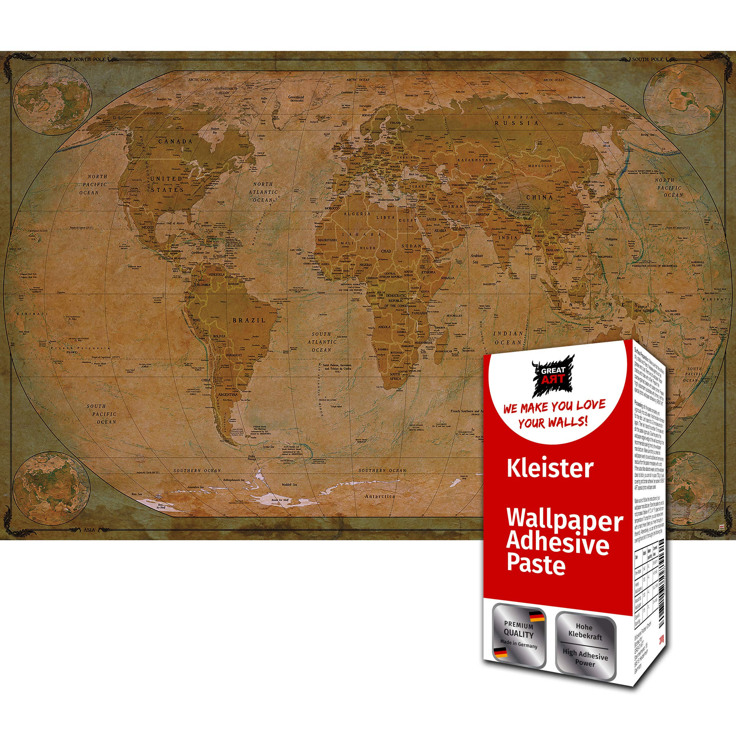 GREAT ARTPhoto Wallpaper Retro World Map 132.3x93.7in / 336x238cm – Antique Look Old School Style Ancient Globe Continents English City Names Mural – 8 Pieces Includes Paste