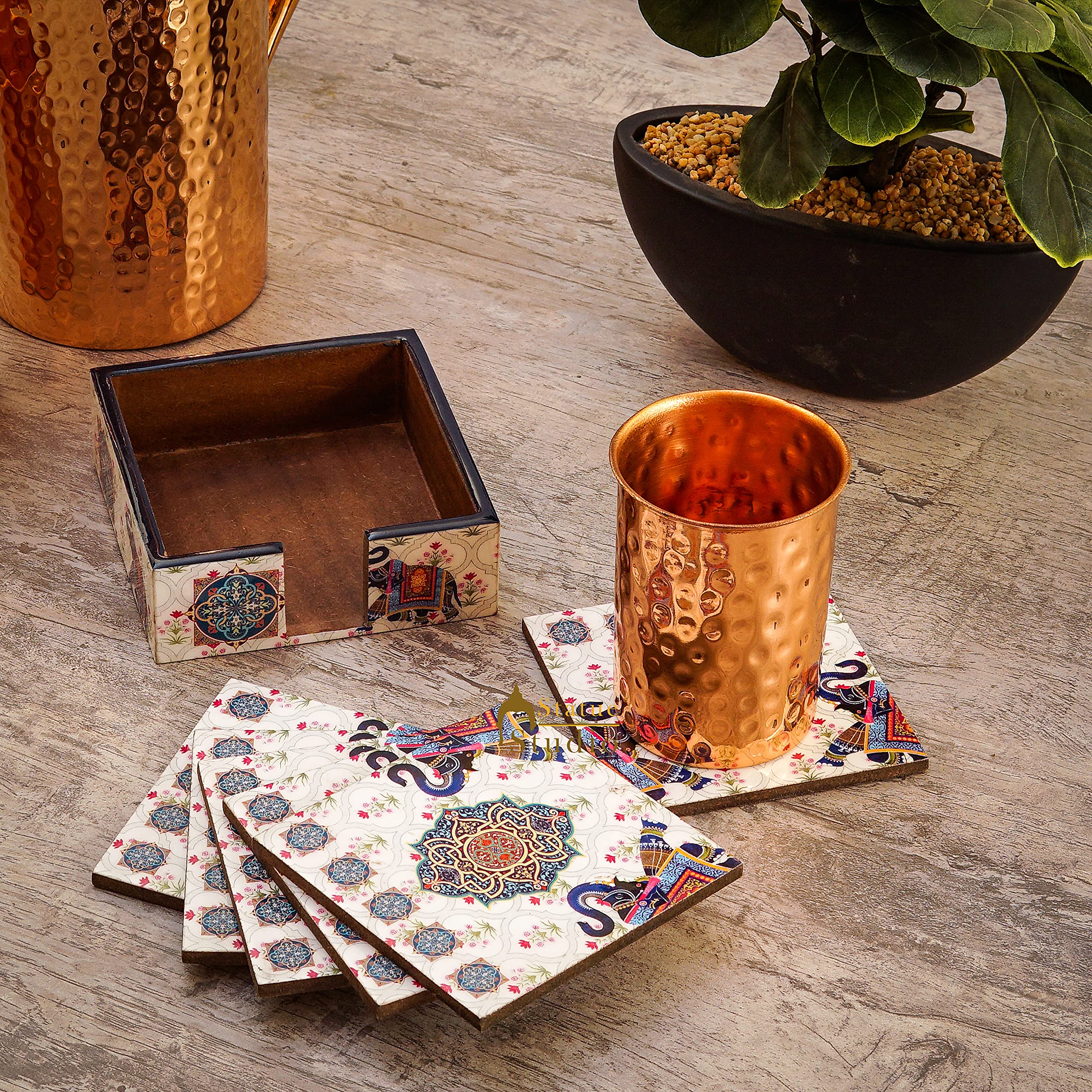 StatueStudio Wooden Coaster Set of 6 for Placing Tea Cups Beer Mugs Bottle Table Organizer Home Offcie Desk Diwali Gift (4.5 X 4.5 X 1.5 Inch)