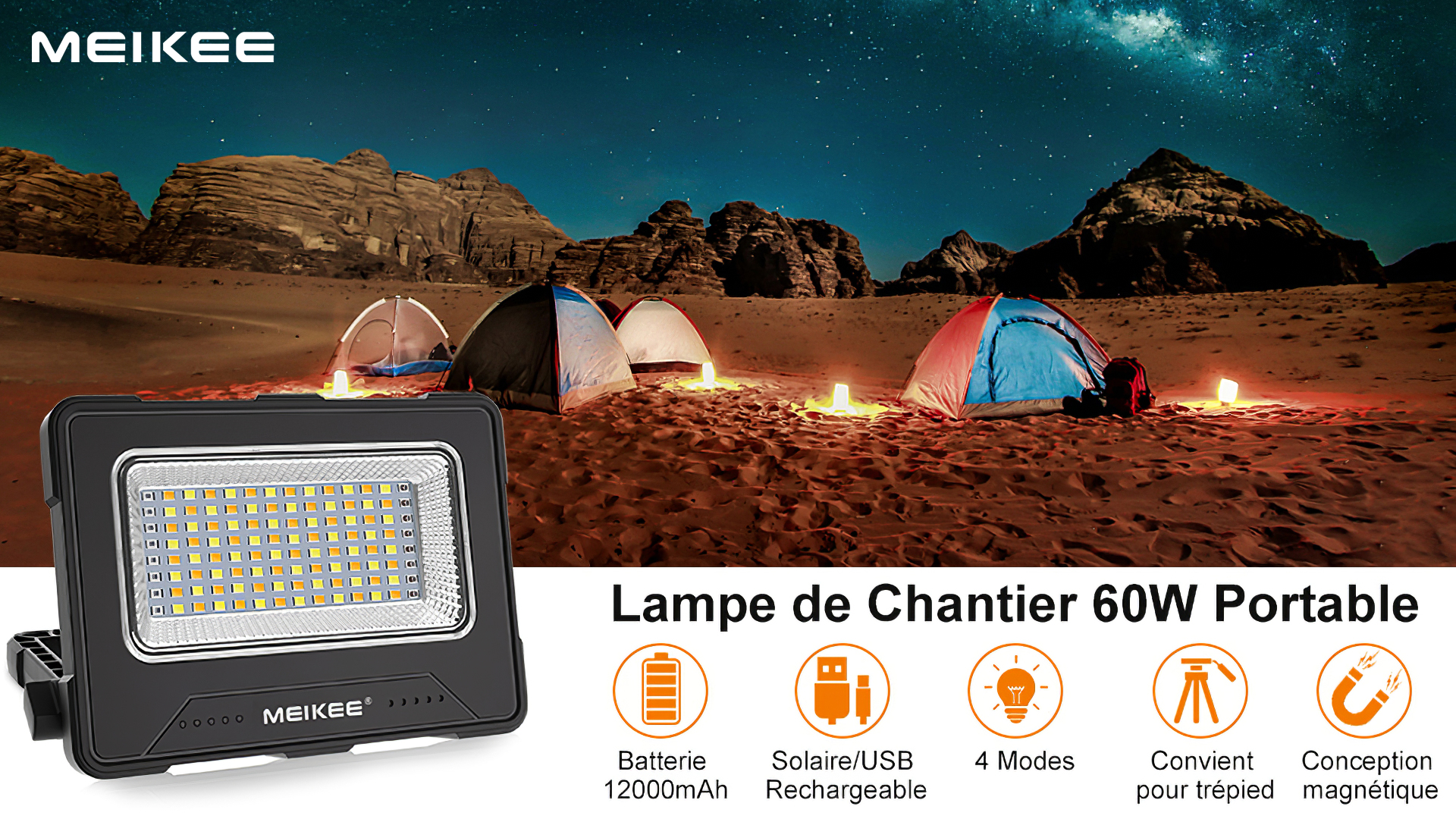100W Projecteur LED Rechargeable,Projecteur LED Chantier Portable Solaire Batterie Rechargeable4 Modes 5400mah Lampe De Travail Pour Camping Chantier Garage Atelier Classe Energetique E 91930577