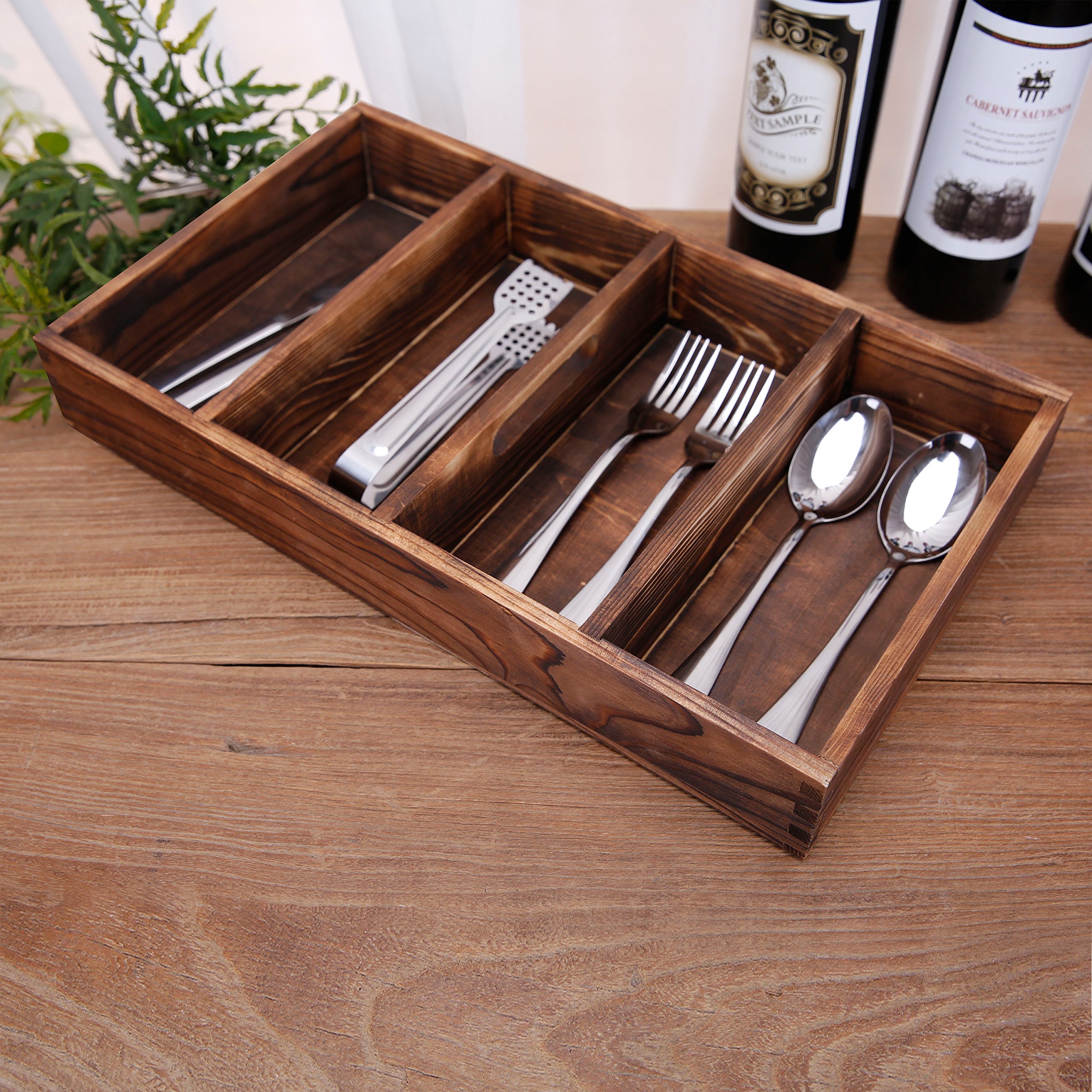 Bandeja organizadora de cajones de madera quemada con 4 ranuras, utensilios multiusos, cubiertos, contenedor de madera para herramientas 4