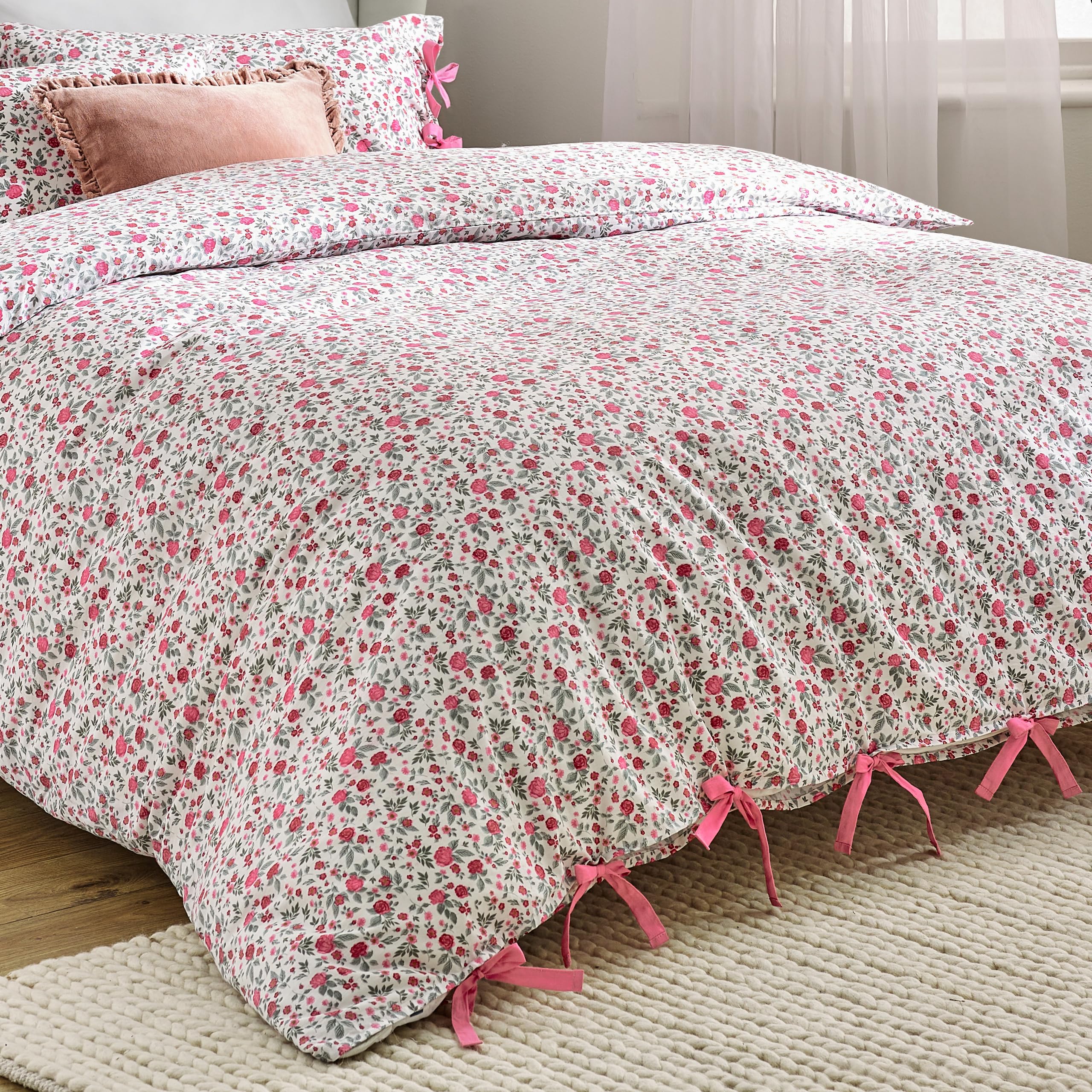 furn. Wylder Hannah Duvet Cover Set - 100% Tumbled Cotton Floral Bedding with Bow Closures (Pink - Super King) - Image 3