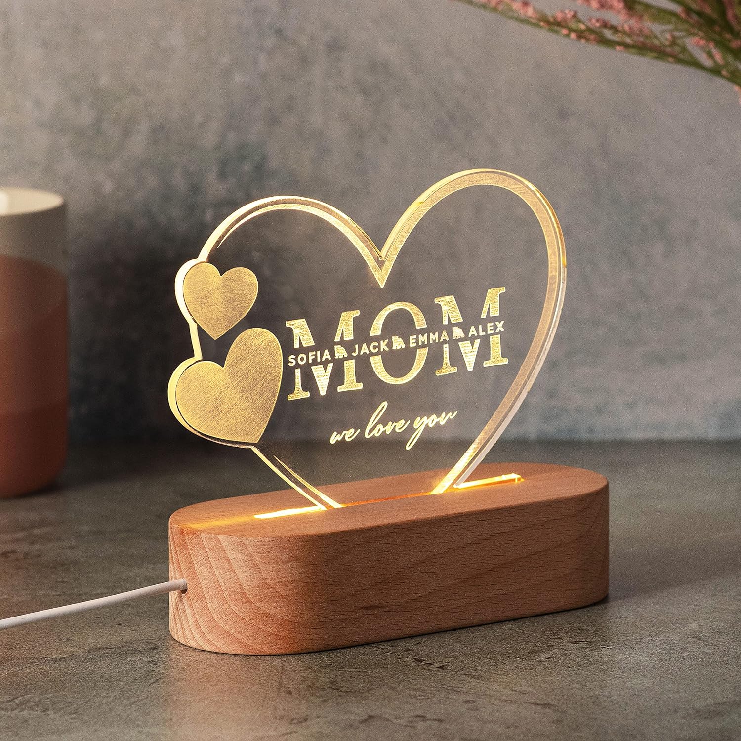 Personalization Lab Gifts for Mom, Grandma Night Light | Personalized Acrylic Sign w/Mom, Grandma or Nana and Children Names | Hearts