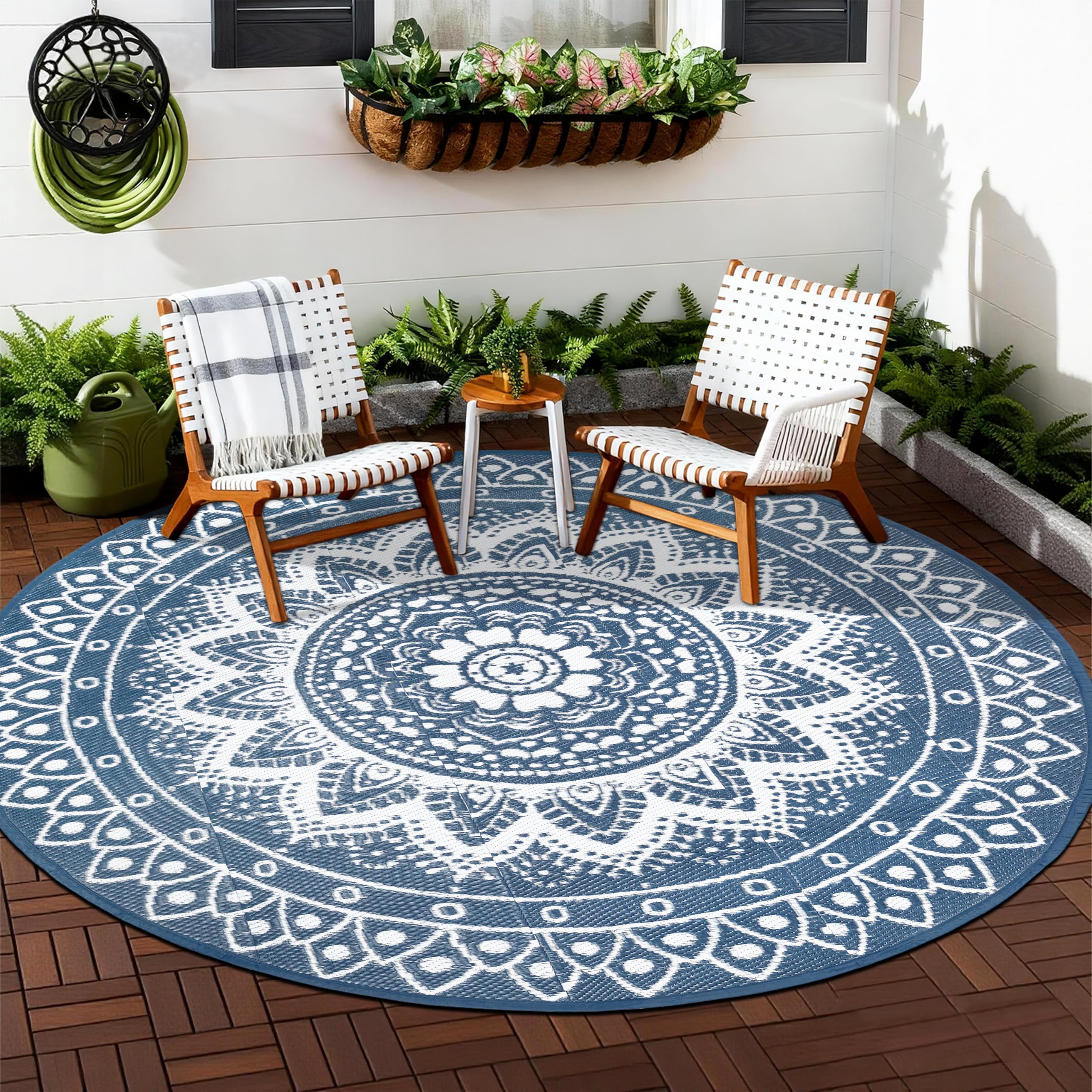 Tapis d'extérieur Rond pour terrasse 240cm réversible imperméable et Pliable bohème pour Camping-carTapis de Pique-Nique et de Camping pour RV, Balcon, Plage, terrasse, Bleu/Blanc