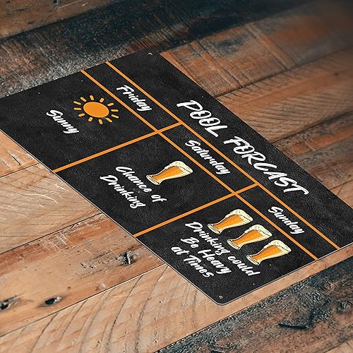 JP's Parcels Letreros de hojalata para decoración de piscina, letrero de metal de 12 x 8 pulgadas con texto en inglés "Pool Forcast Sunny, Chance of