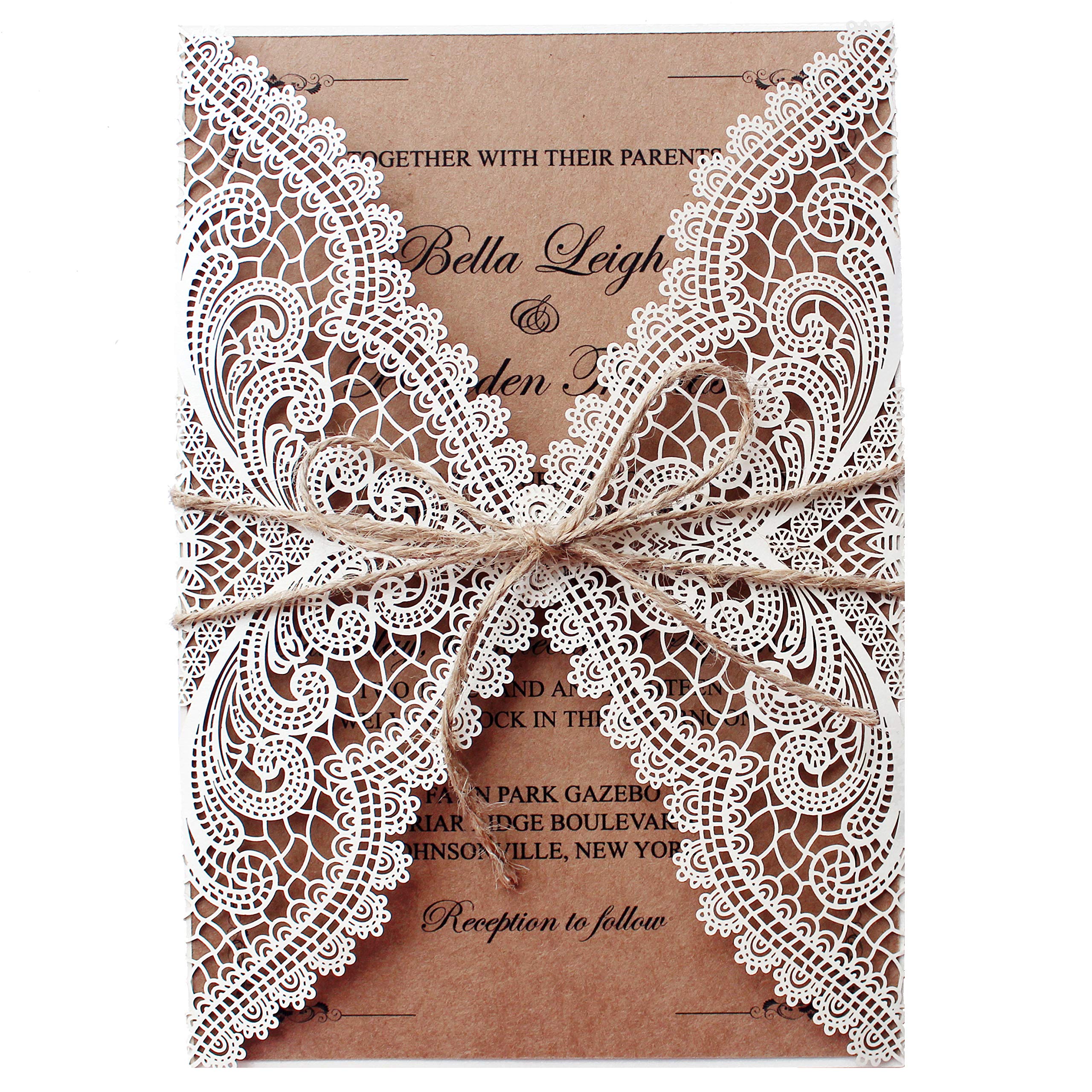 Picky Bride 50 Pcs Rustic Laser Cut Lace Wedding Invitations Kits, 5