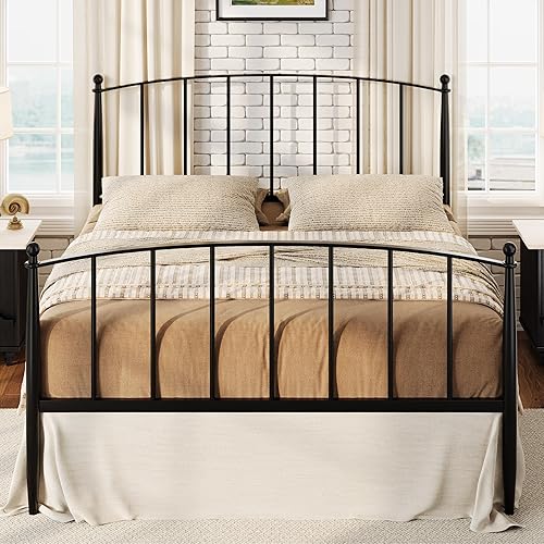 Miniatura 3 de SHA CERLIN Base de cama tamaño Queen, plataforma de metal con cabecera y estribo de estilo victoriano, fácil montaje, no necesita somier, color negro