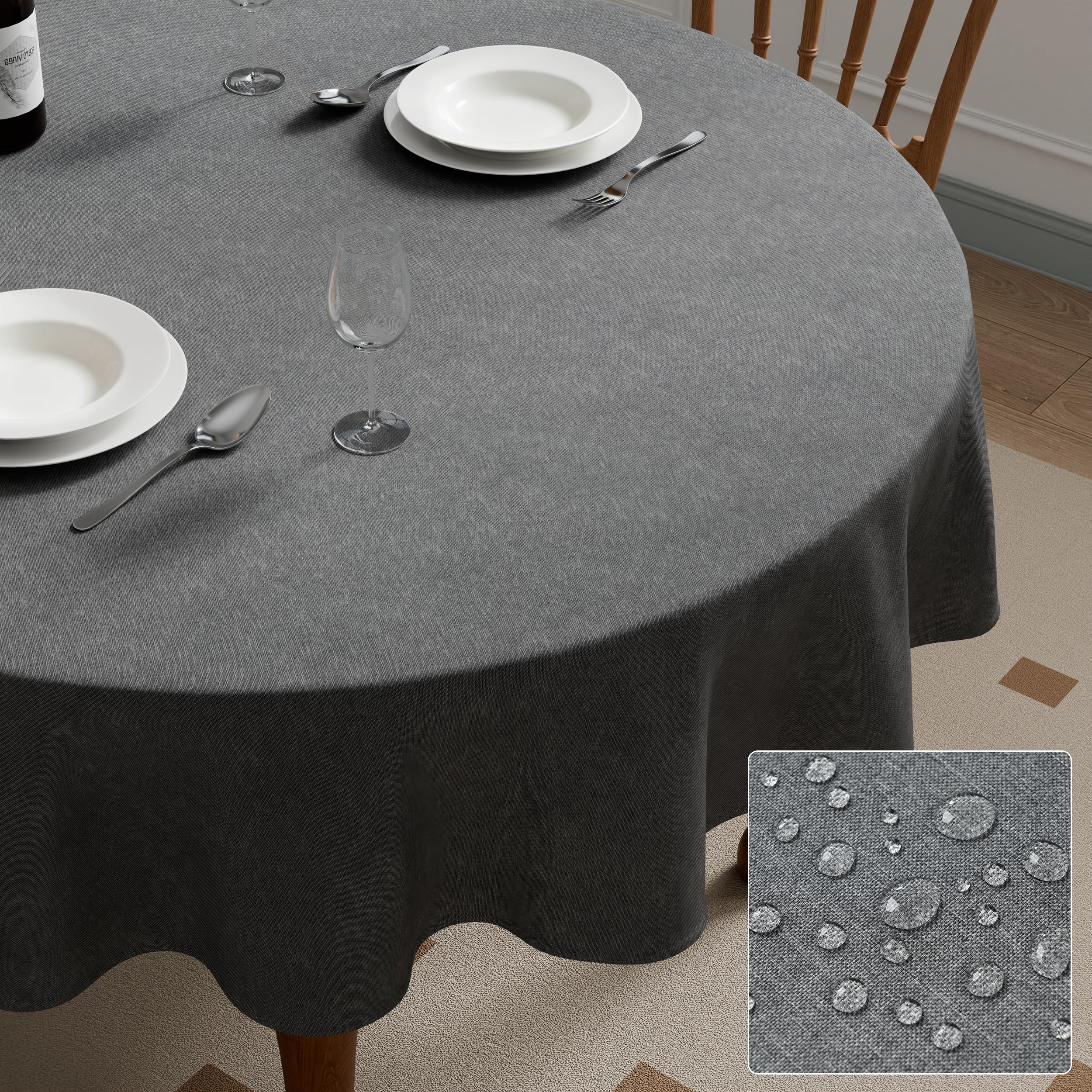 Roerf Round Tablecloth 140cm(55inch), Grey Faux Linen Spill-Proof Wipeable Water Resistant Table Cover for Dining Kitchen Garden Indoor Outdoor, 55x95inch