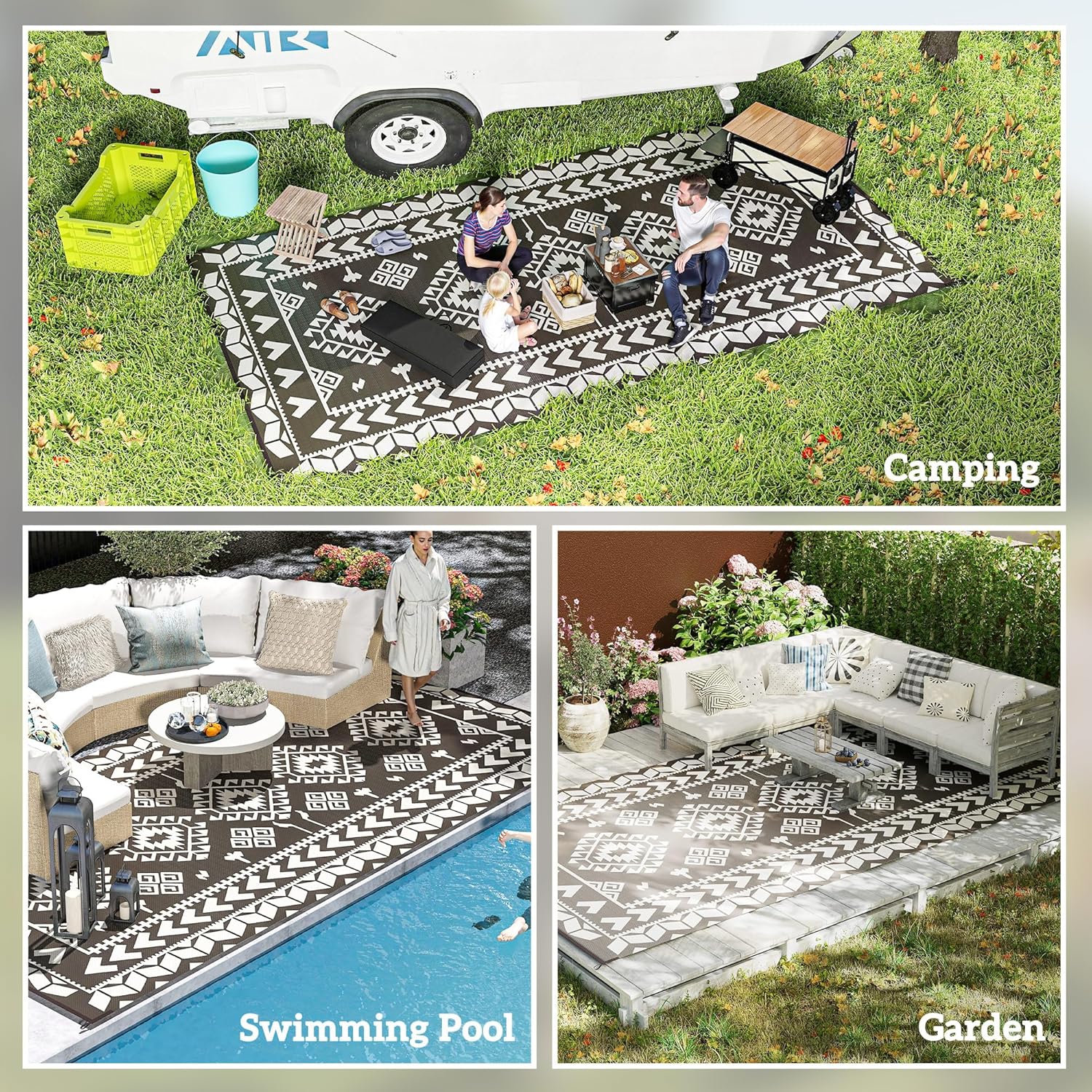 Outsunny Outdoor Rug for Patio, 9' x 18' Waterproof Large Mat, Reversible Plastic Straw Rug for Decor, Portable Outside RV Camping Area Carpet Mat for Backyard Porch Deck Picnic, Black & White Rhombus