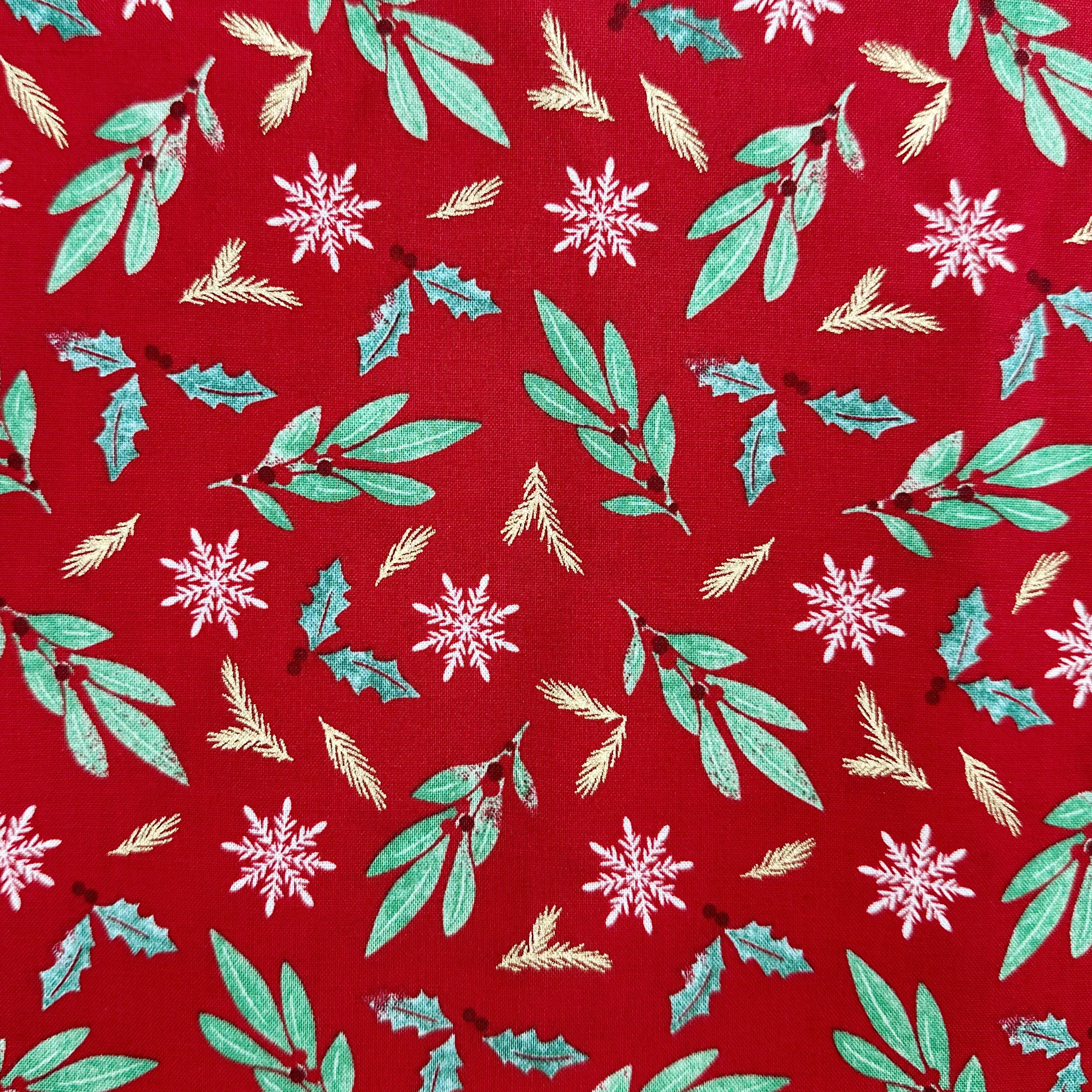 Christmas Fabric - Mistletoe & Snowflake on Red - Xmas Craft Fabric Material Metre