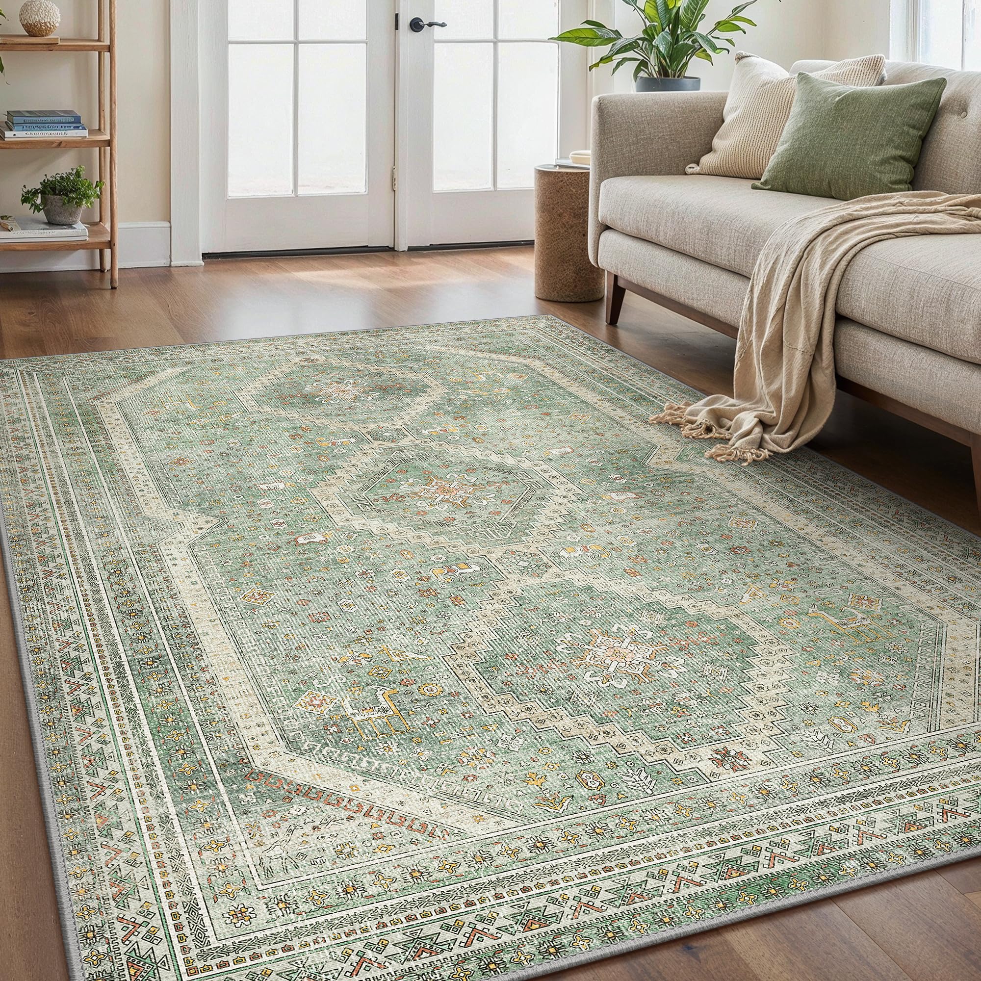 GENIMO Rugs 160X230 cm Living Room Large Green Rug Washable Carpet for Bedroom Machine Non-Slip Carpet Boho Vintage — image 1