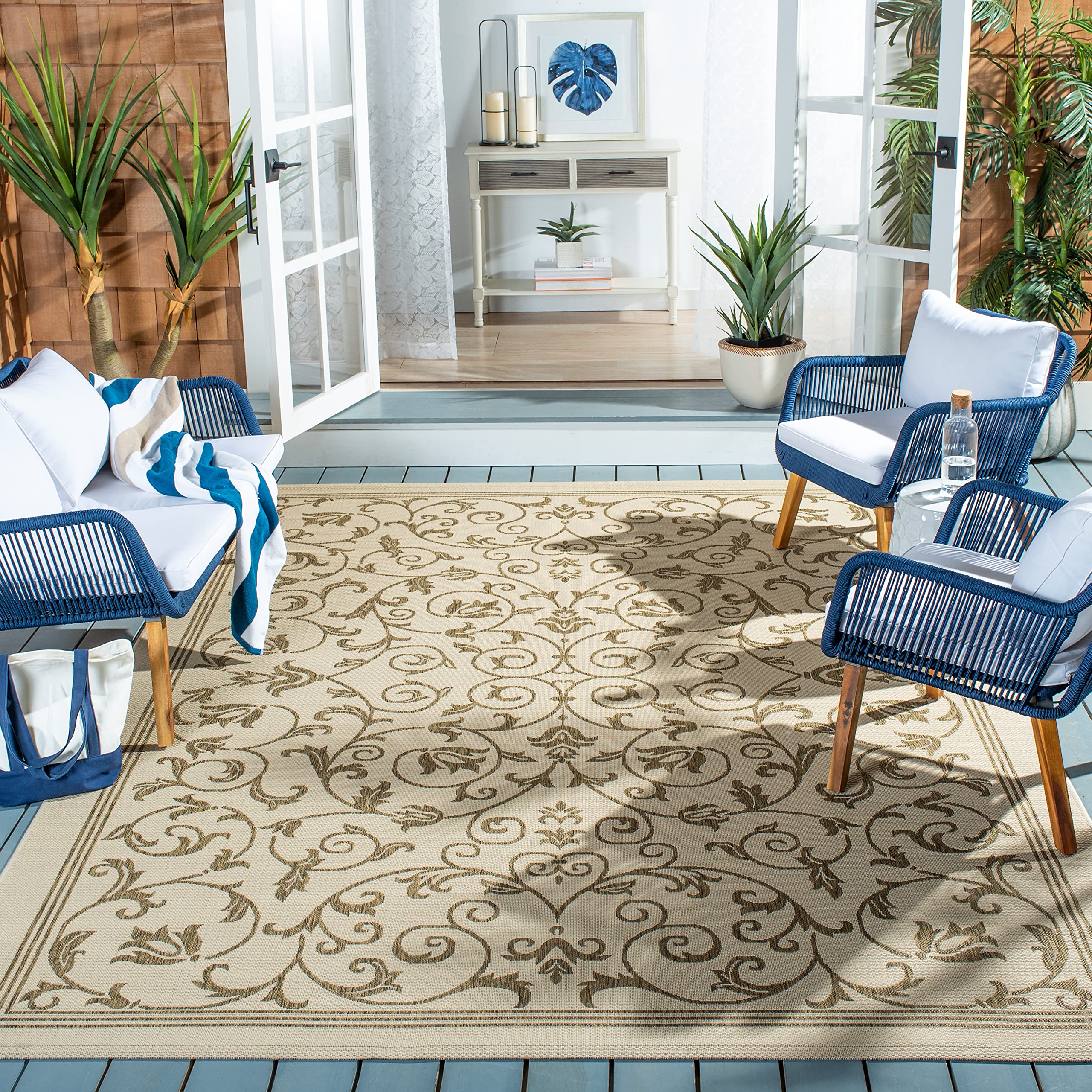 SAFAVIEH Washable Rug Outdoor Courtyard Collection - 7'10" Square, Natural & Brown, Non-Shedding & Easy Cleaning, Ideal for Patio, Backyard, Mudroom (