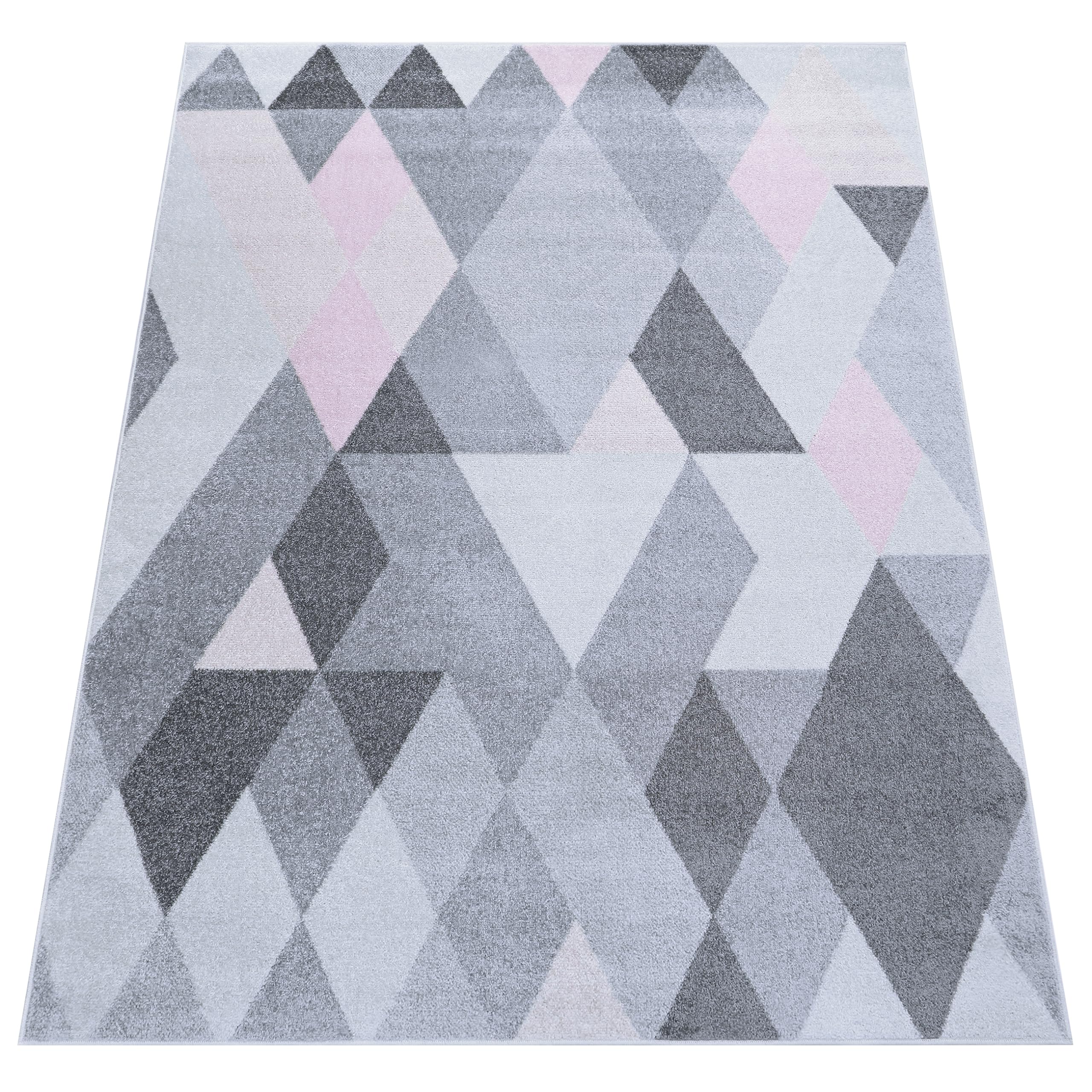 TAPISO Lazur Tapis Chambre Enfant Fille Garçon Bébé Tapis de Jeu Moderne Gris Rose Géométrique Traingles Losanges Poils Courts Oeko-TEX Doux Résistant 80 x 150 cm
