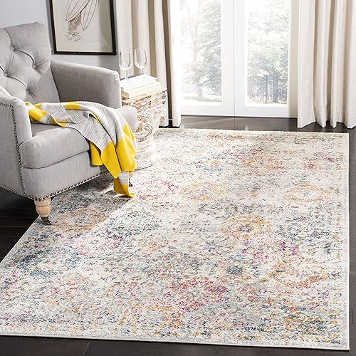 SAFAVIEH Madison Collection 6'7" x 9'2" Grey Gold MAD611F Boho Chic Floral Medallion Trellis Distressed Non-Shedding Living Room Bedroom Dining Home Office Area Rug