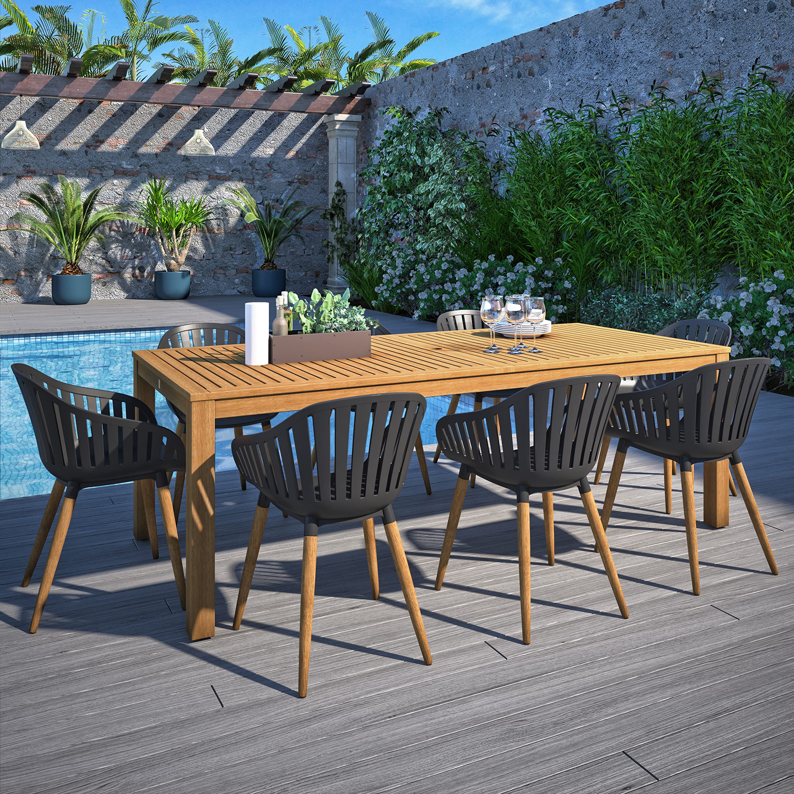 TABLE ONLYBrampton Patio Brampton Venice 9Piece Rectangular Dining Set Light Teak Finish and