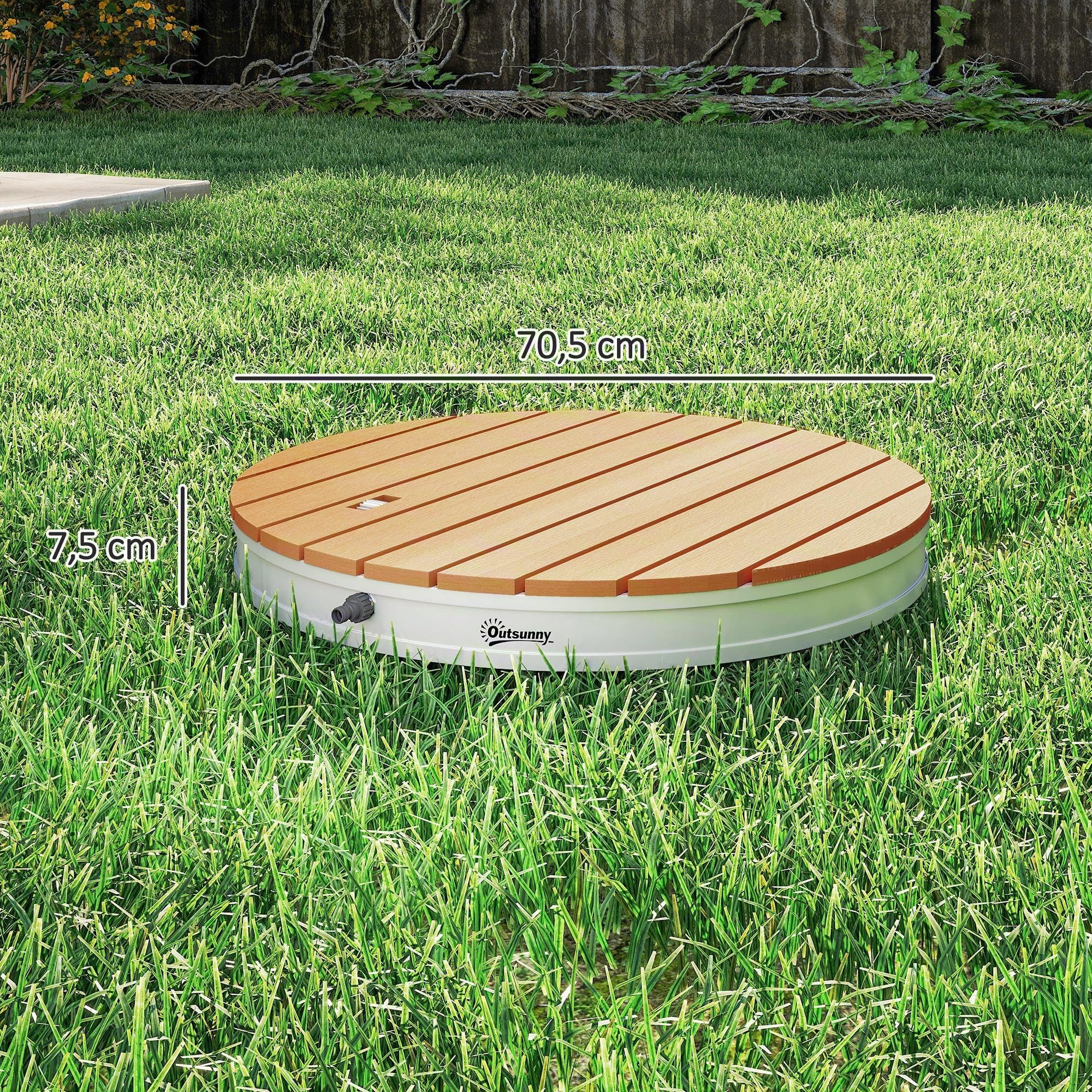 Outsunny Bodendusche mit Einstellbar Fußrad Aluminium Ø70,5 cm Rund | Gartendusche, Holzoptik Aussendusche, Bis 4 m Fontänenhöhe, Saunadusche, Rutschfeste, Outdoor Campingdusche, Pool Sauna