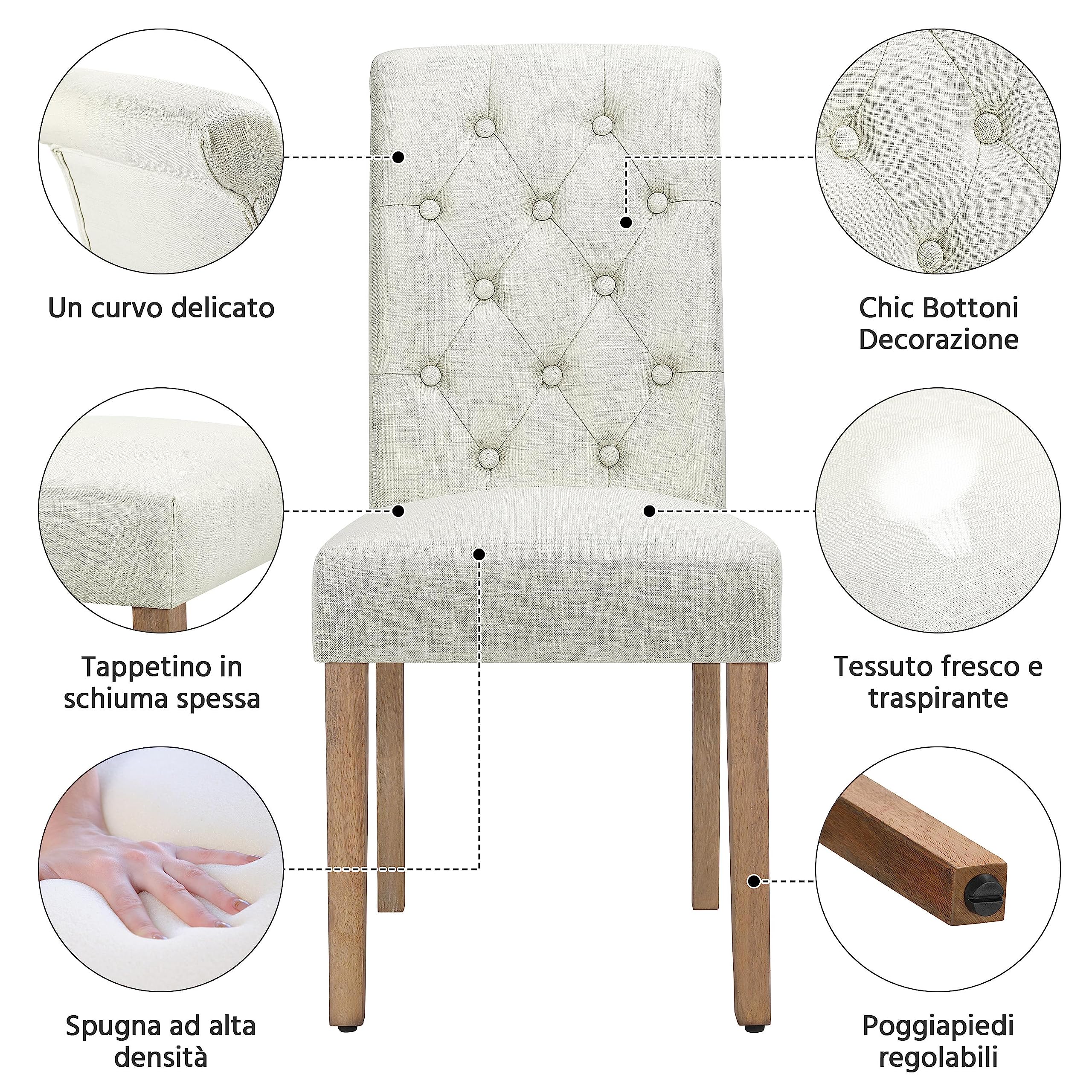 Yaheetech Set 6 Sedie Imbottite Sala da Pranzo con Schienale Alto Sedia da Cucina Gambe in Legno Sedie Eleganti Massello con Bottoni per Soggiorno Camera da Letto Beige/Tessuto
