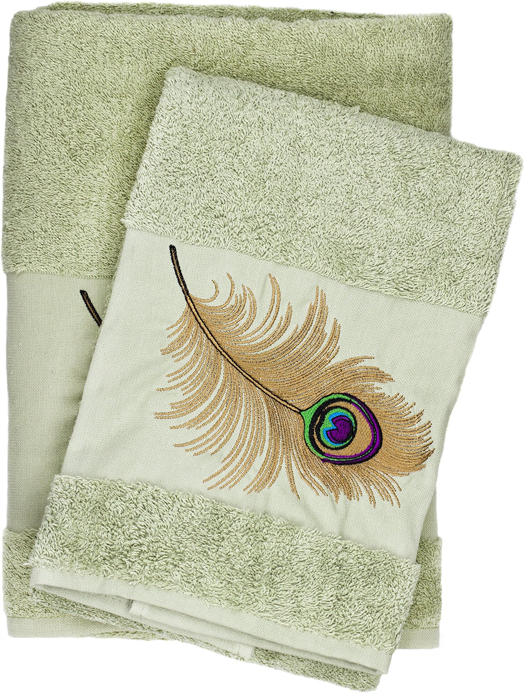 Ebru Peacock Feather Embroidered Bath & Hand Towel Set Bathroom %100 Turkish Cotton (Green)