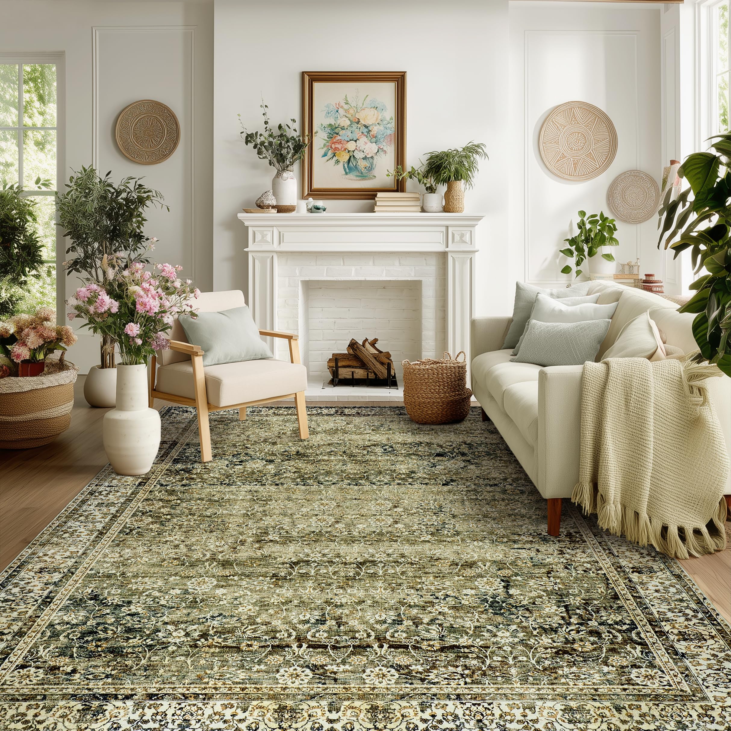 BILEEHOME Washable 6x9 Area Rugs for Bedroom Aesthetic,Cozy Soft Neutral Distressed Floral Dark Olive Green Decor Vintage Boho Rug for Living Room Bed Room Dining Room โ image 1