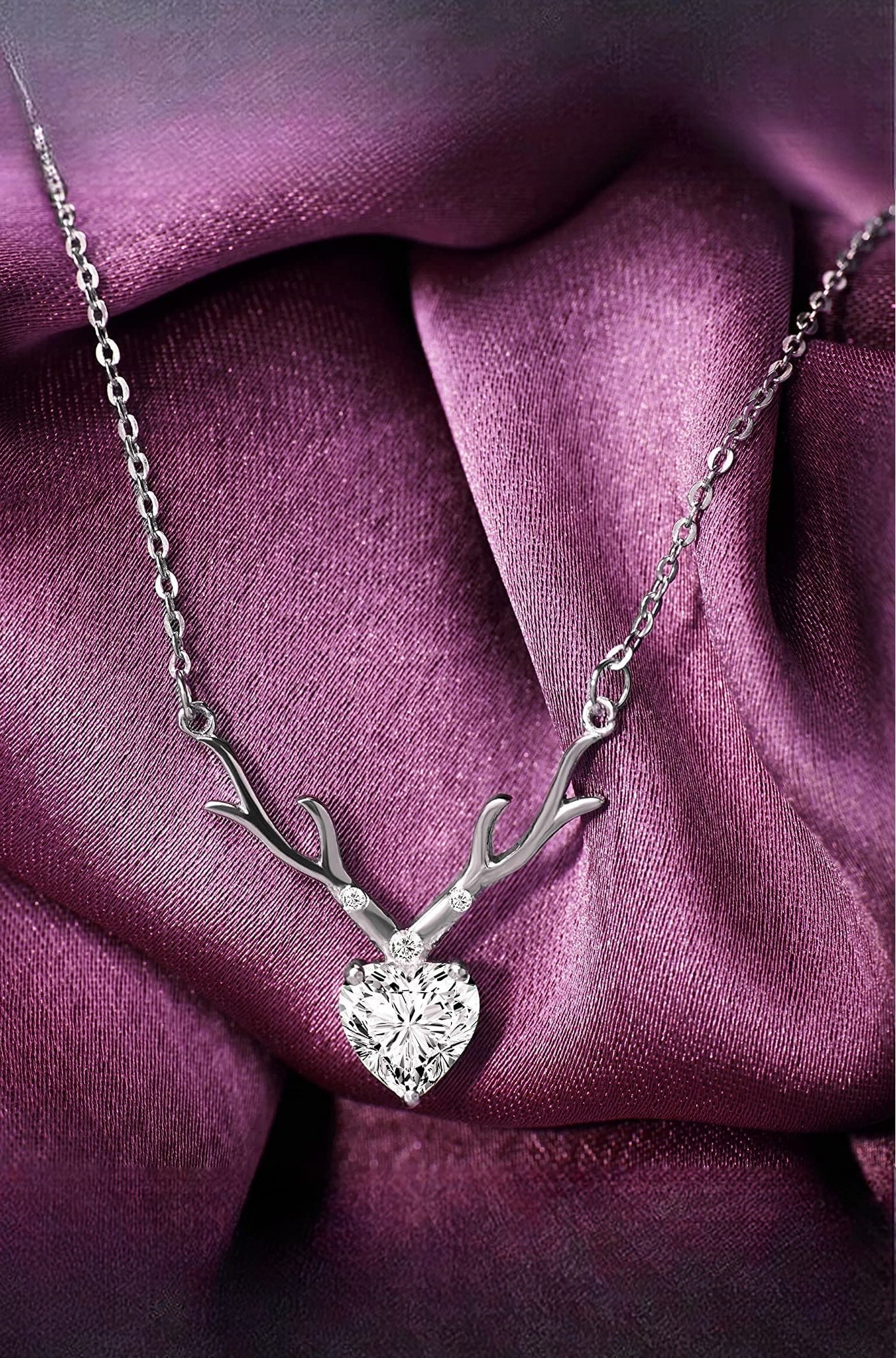 Deer Heart Shaped Necklace Pendant Chain with Cubic Zirconia Valentine Gift for Women (PS1101845R)