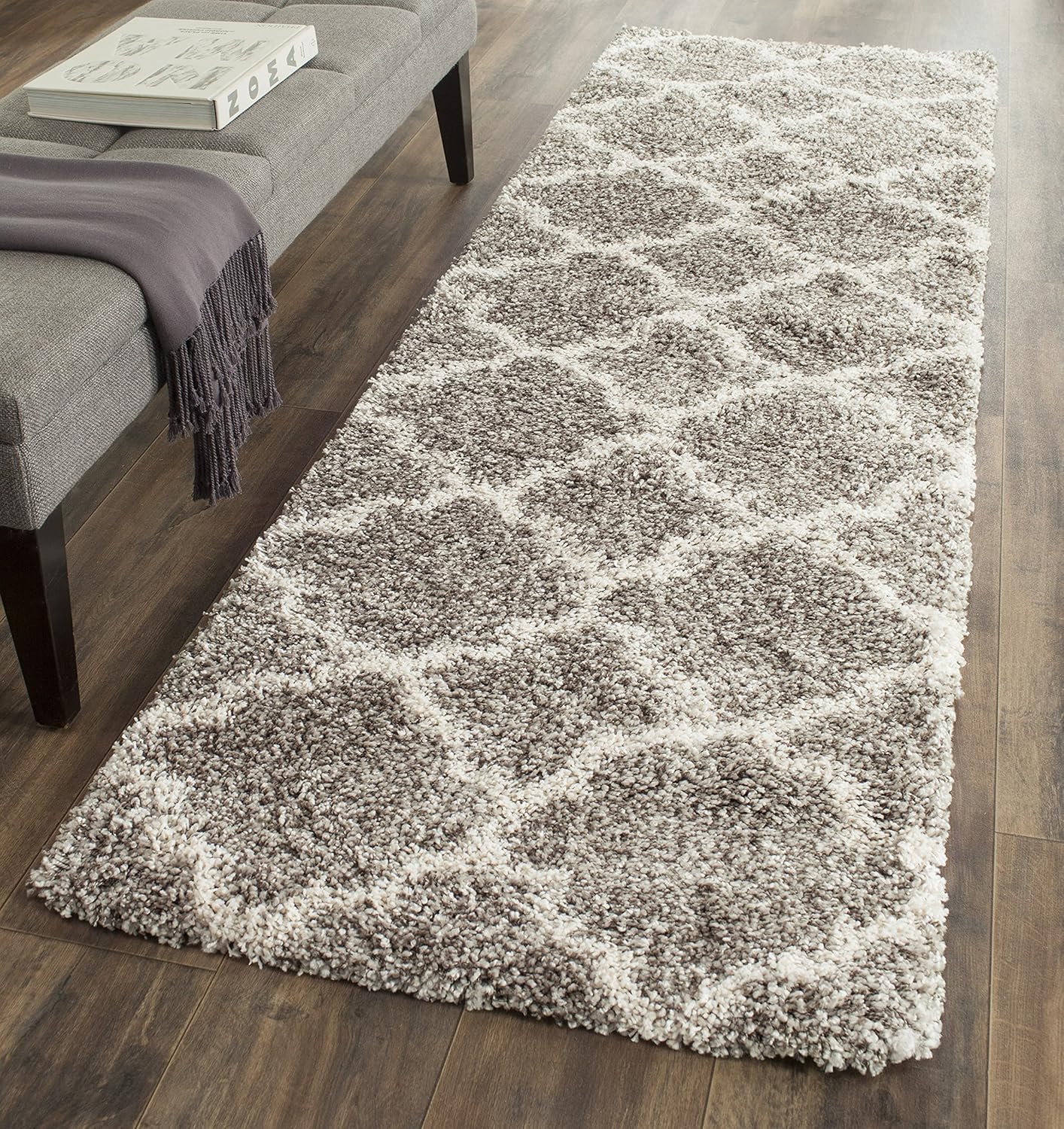 SAFAVIEH Hudson Shag Collection Runner Rug – 2’3″ x 12′, Grey & Ivory, Moroccan Trellis Design, Non-Shedding & Easy Care, 2-inch Thick Ideal for High Traffic Areas in Living Room, Bedroom (SGH282B)