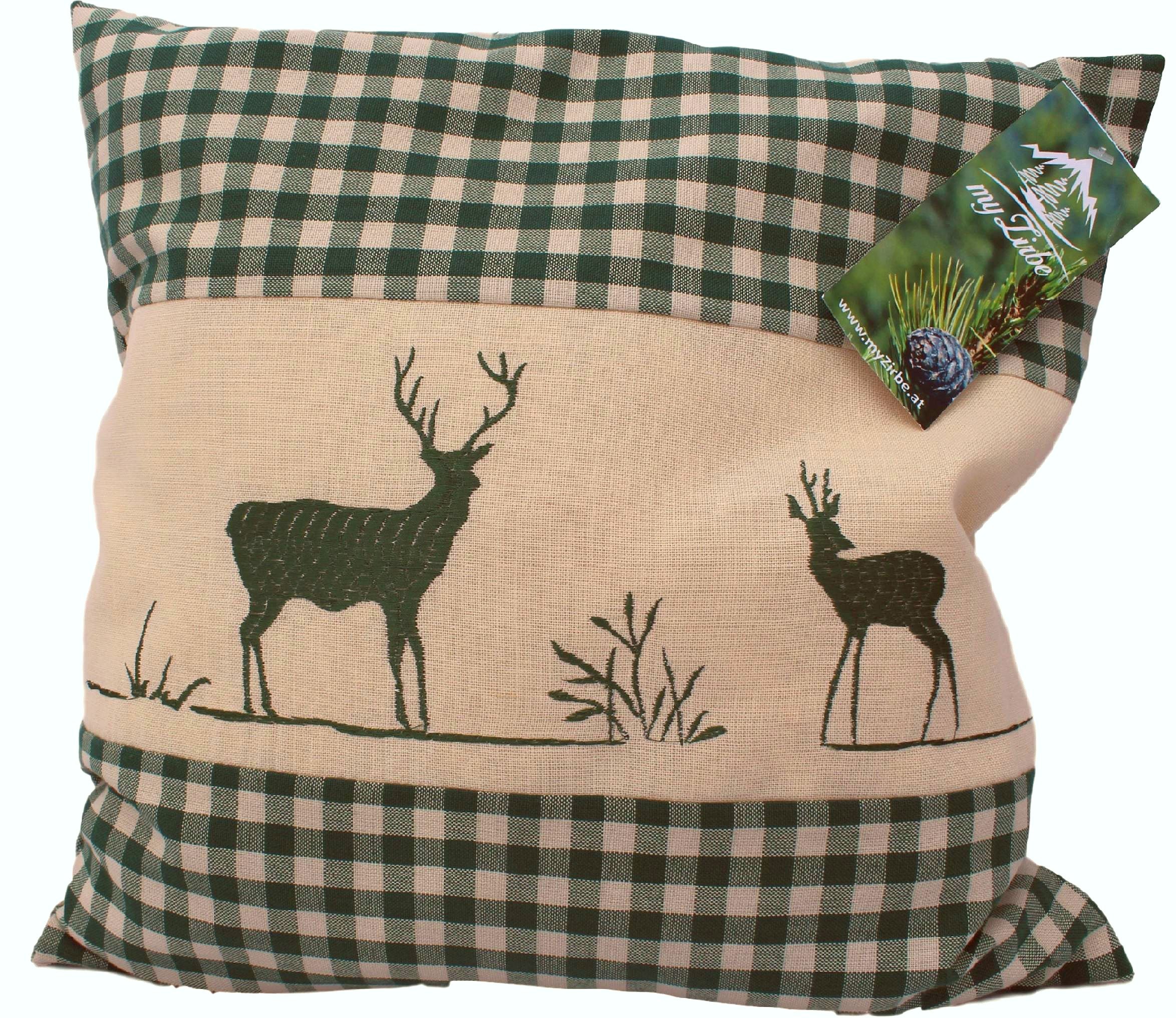 myZirbe Zirbenkissen grün kariert mit Hirsch Stickerei befüllt mit Zirbenflocken aus Zirbenholz Größe 40x40 cm
