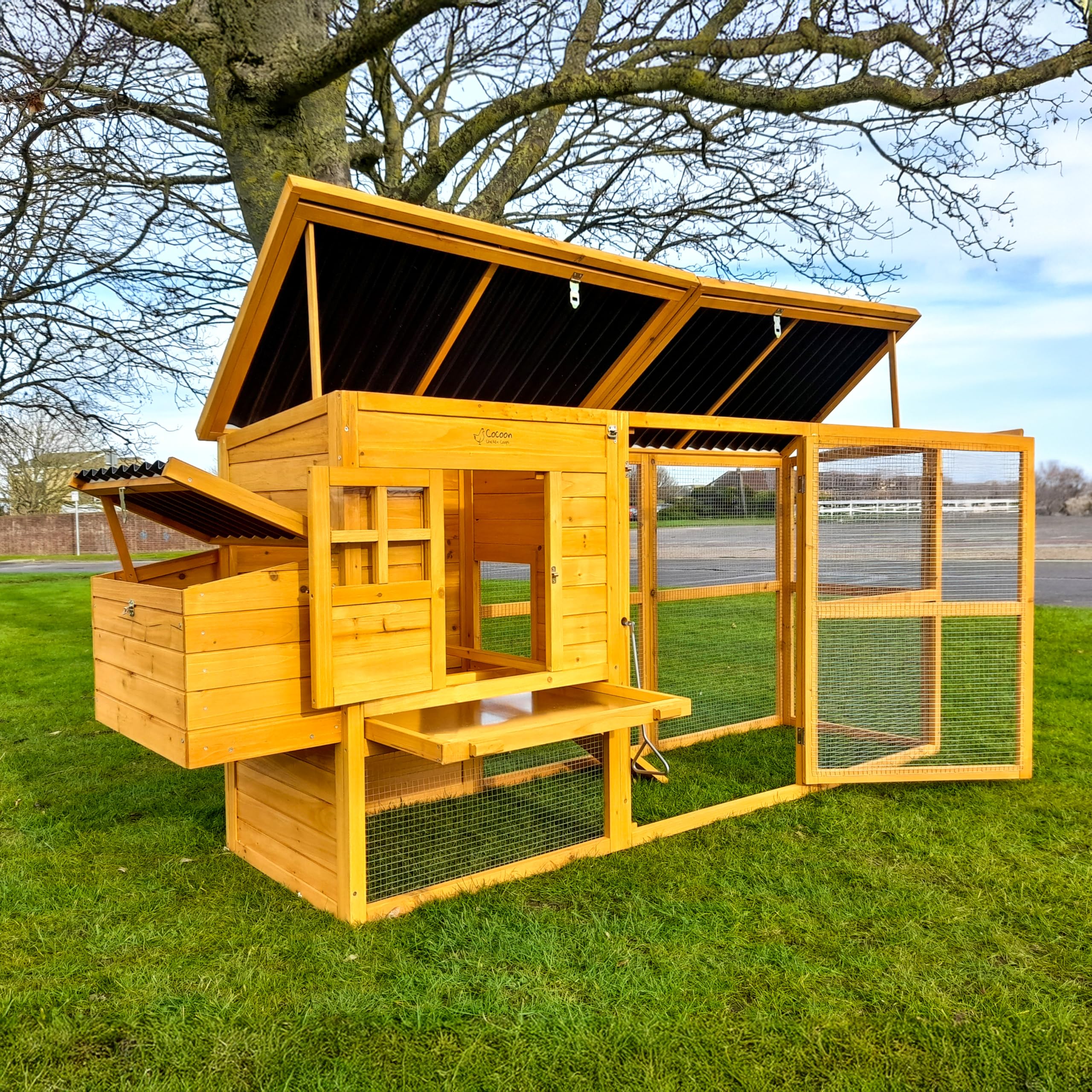 Cocoon ECO 2500 Chicken Coop – 8ft Raised Wooden Hen House with Covered Run, Rot-Proof Plastic Roofs, Pull-Out Tray & Rear Ventilation – Ideal for 4–5 Birds