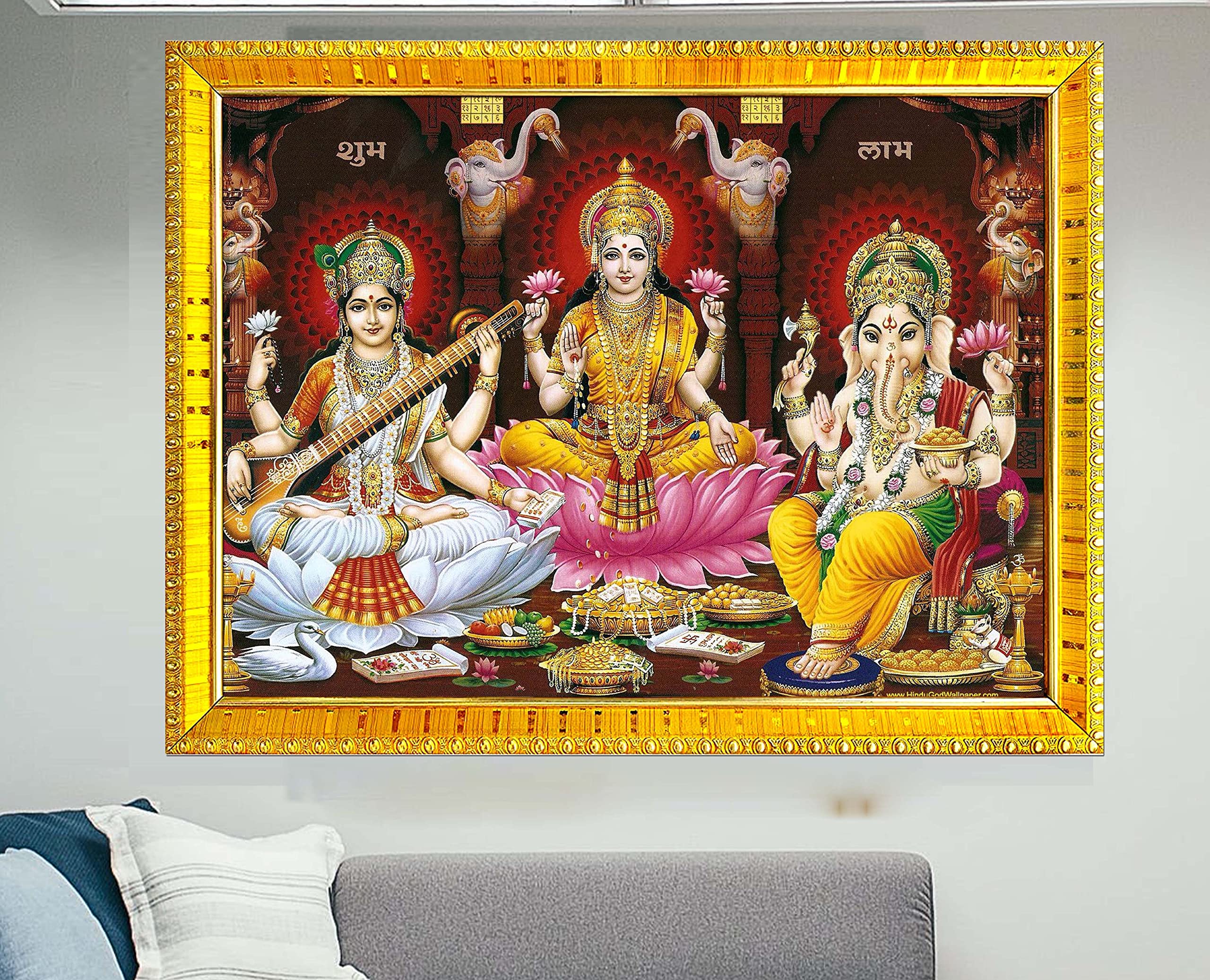 zig zag Lakshmi Saraswati Ganesha Ji duża ramka na zdjęcia na ścianę / stół / Pooja rozmiar pokoju duża ramka na zdjęcia (40 x 61 cm, szkło akrylowe), złota