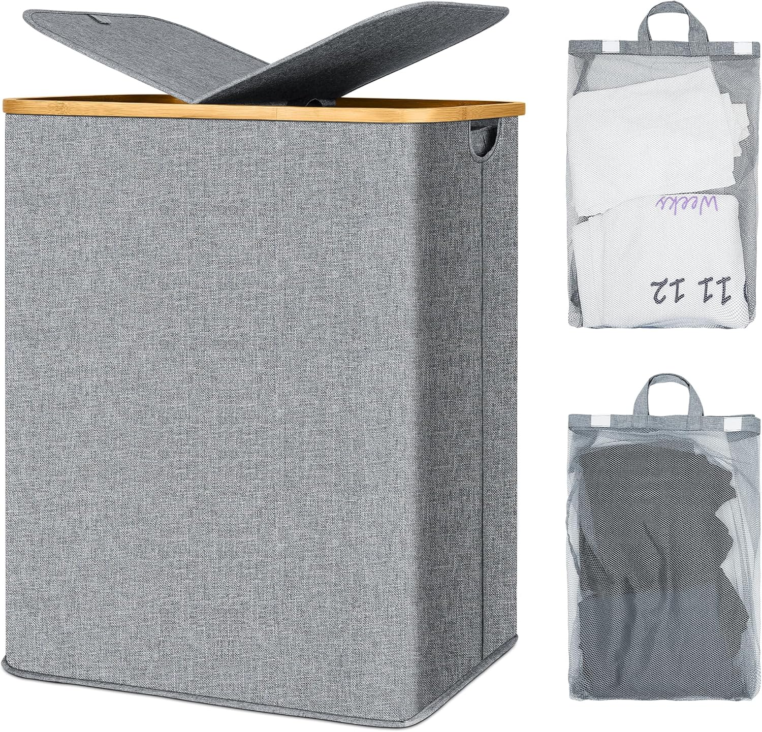 Double double laundry hamper with lid, 140L Collapsible Laundry Hamper and 2 section Removable Mesh Wash Bags, Large Tall Dirty Clothes Storage Room Organization Foldable for Bathroom Bedroom