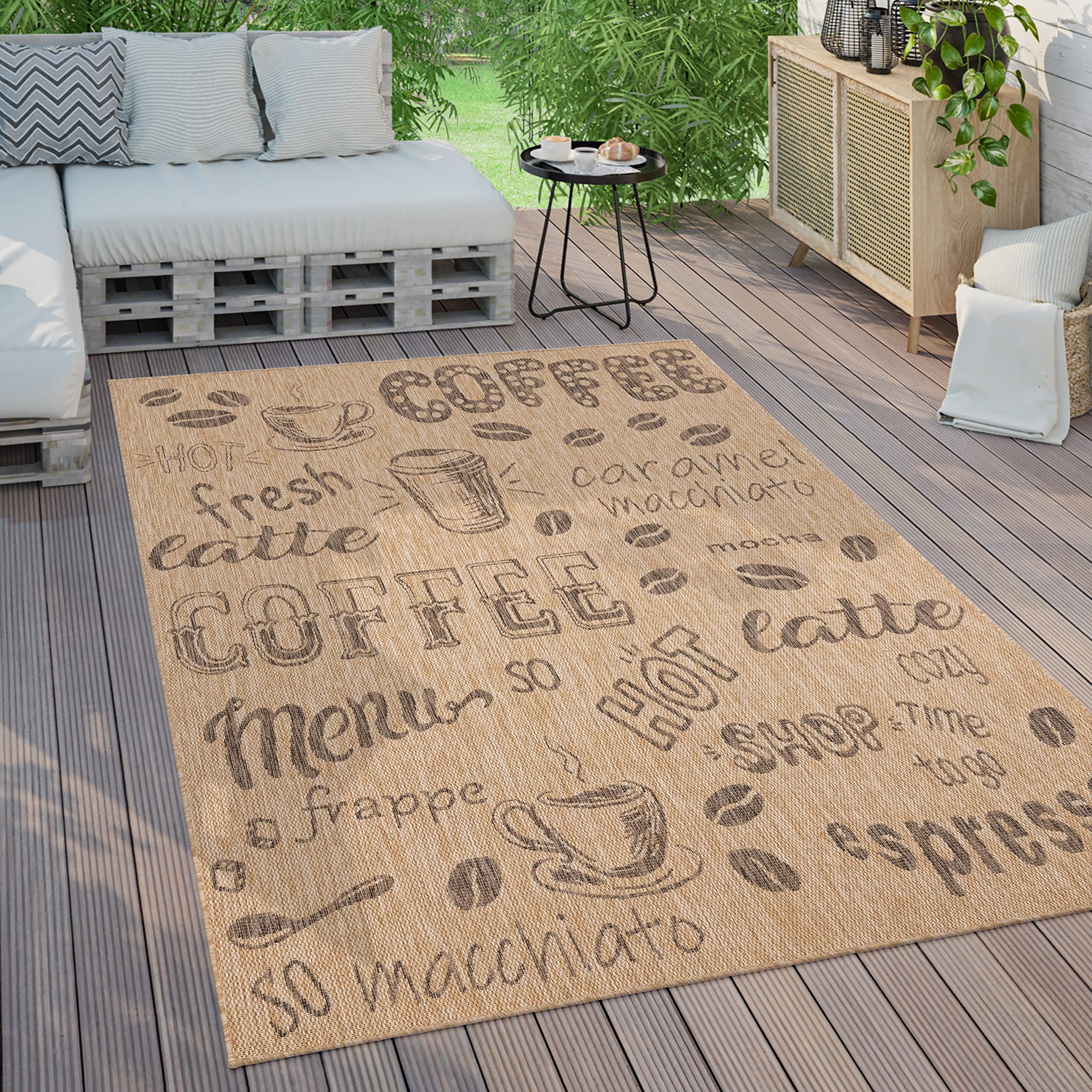Paco Home Outdoor Teppich Wetterfest Wohnzimmer Balkon Küchenteppich Modernes Muster Mit Schriftzug, Grösse:240x340 cm, Farbe:Beige 3