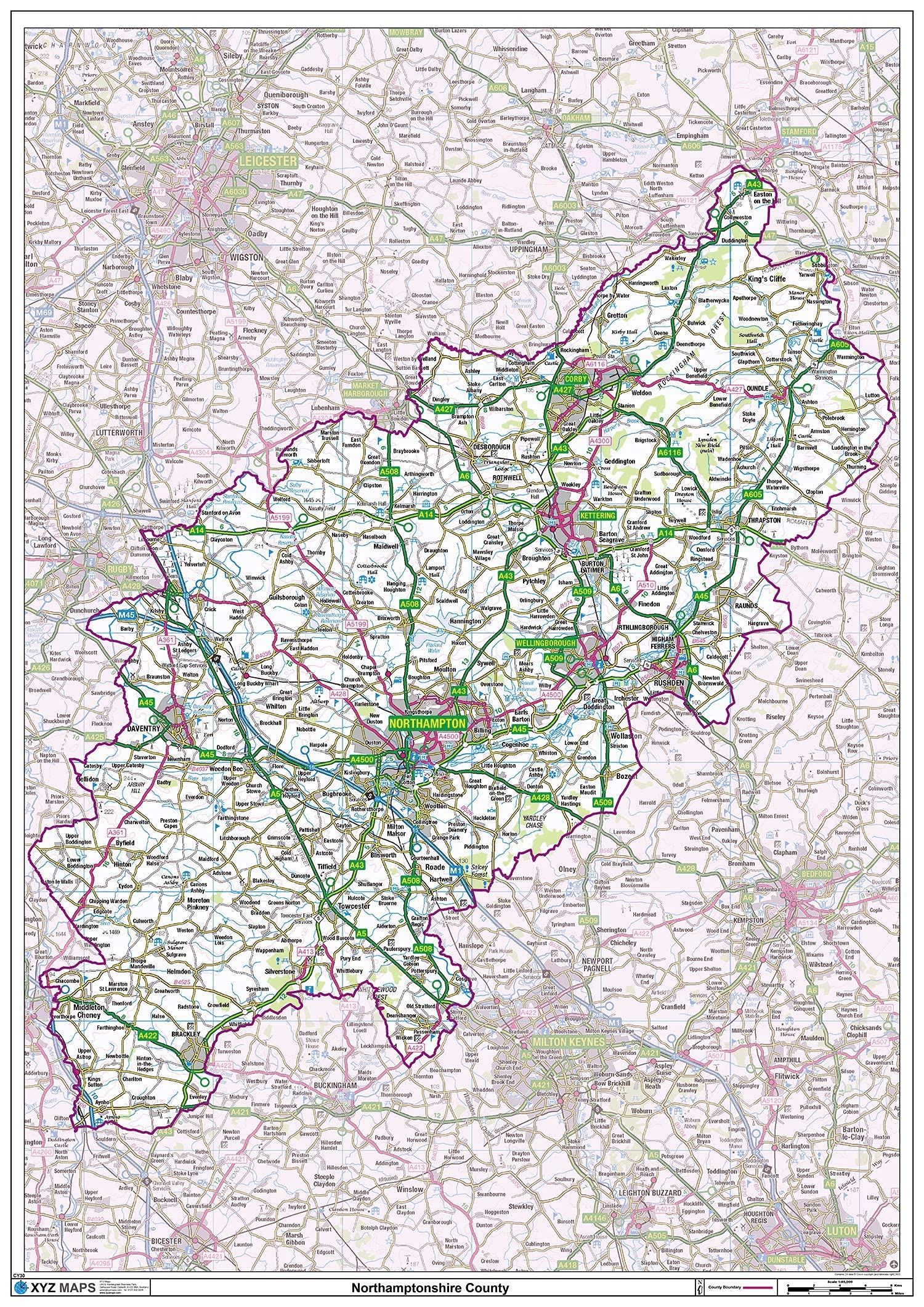 Northamptonshire County Map-Plastic Coated