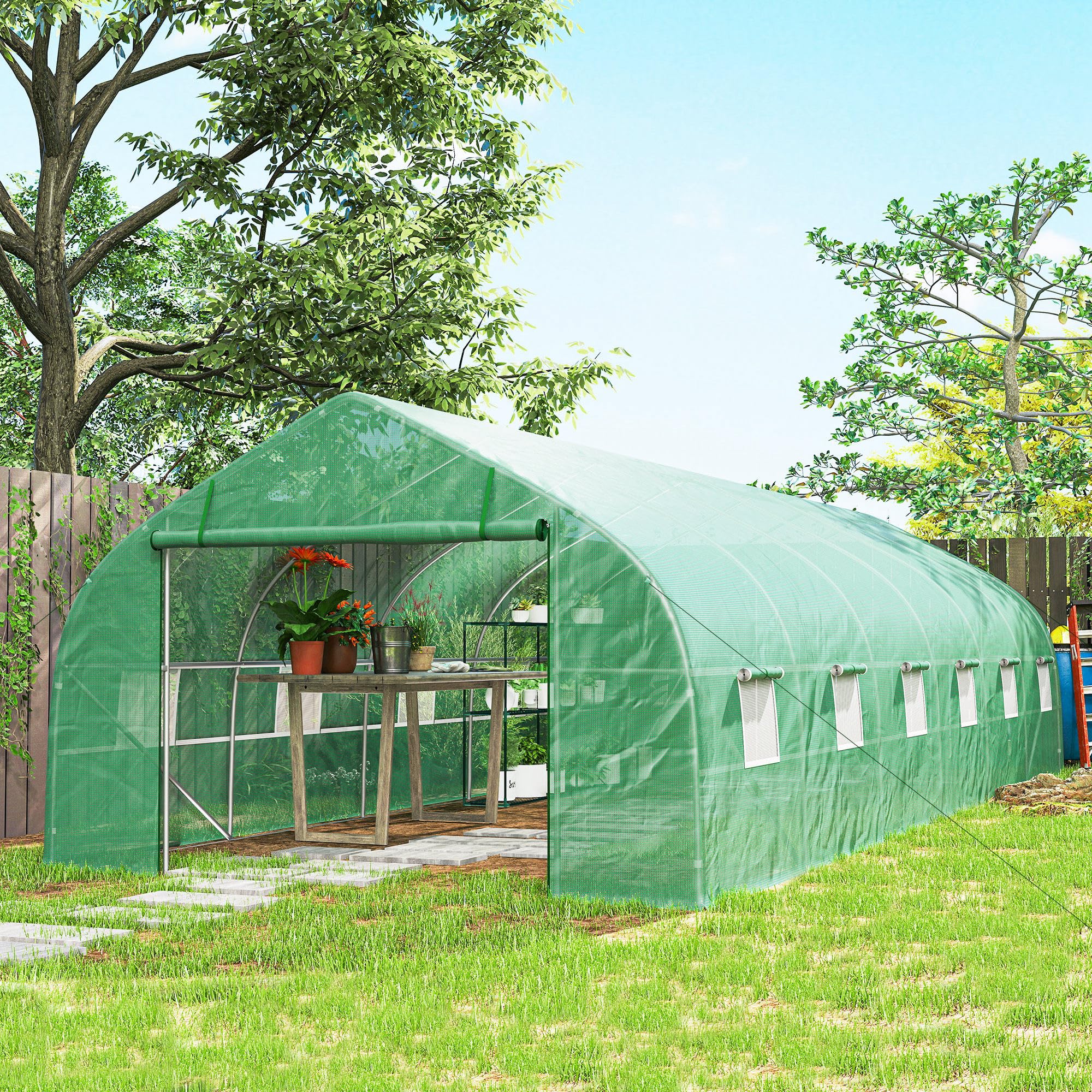 Outsunny Serra da Giardino a Tunnel 8x3x2 m con Porta Avvolgibile, Serra per Orto a Punta con 12 Finestre, Copertura in PE e Struttura in Acciaio, Verde