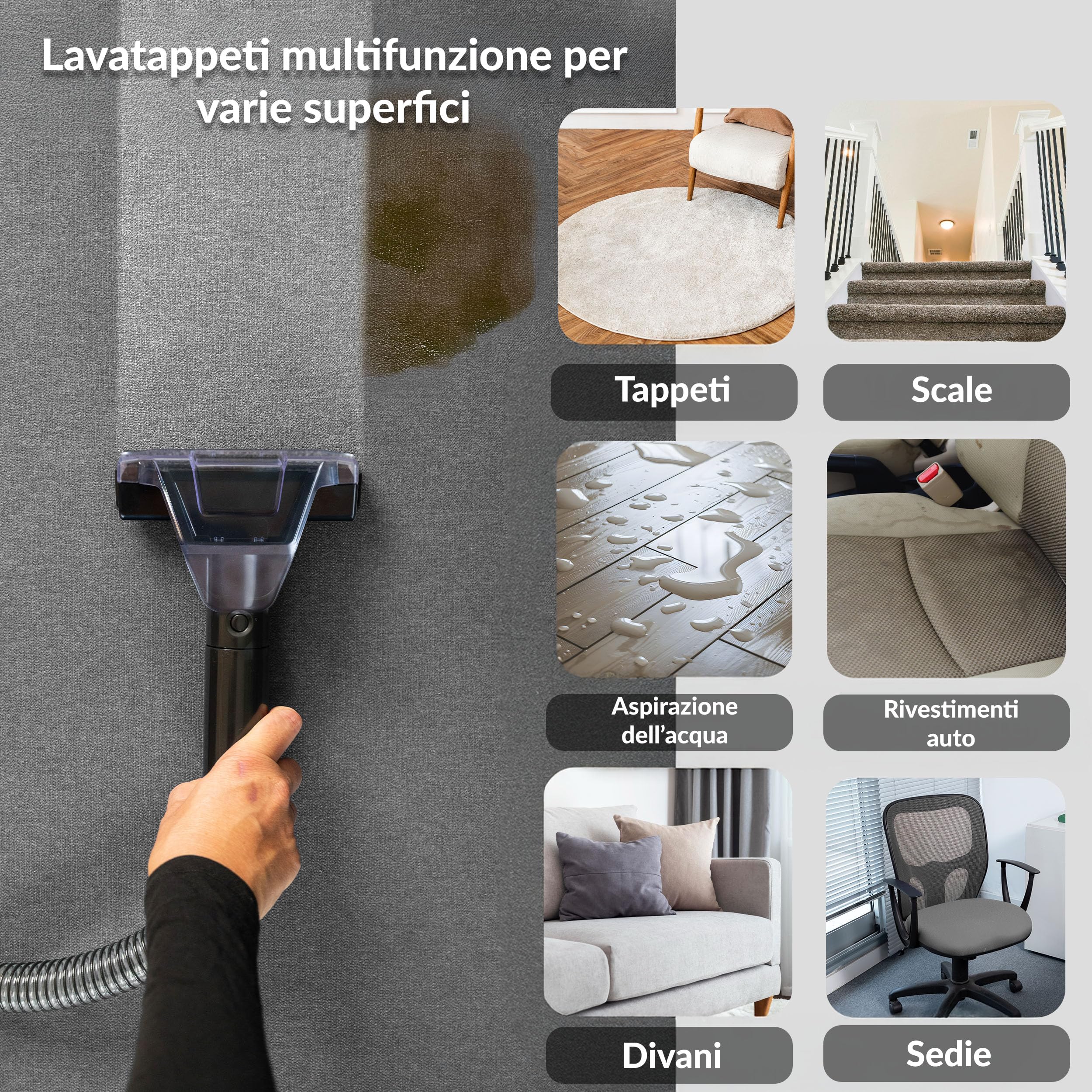 LEHMANN EasyWash Lavatappeti Portatile - Aspirapolvere Lava e Asciuga - Sistema a Doppio Serbatoio - Lava Tappezzeria, Tappeti, Moquette, Materassi e Pulisci Divani - Accessori Inclusi - 750 W