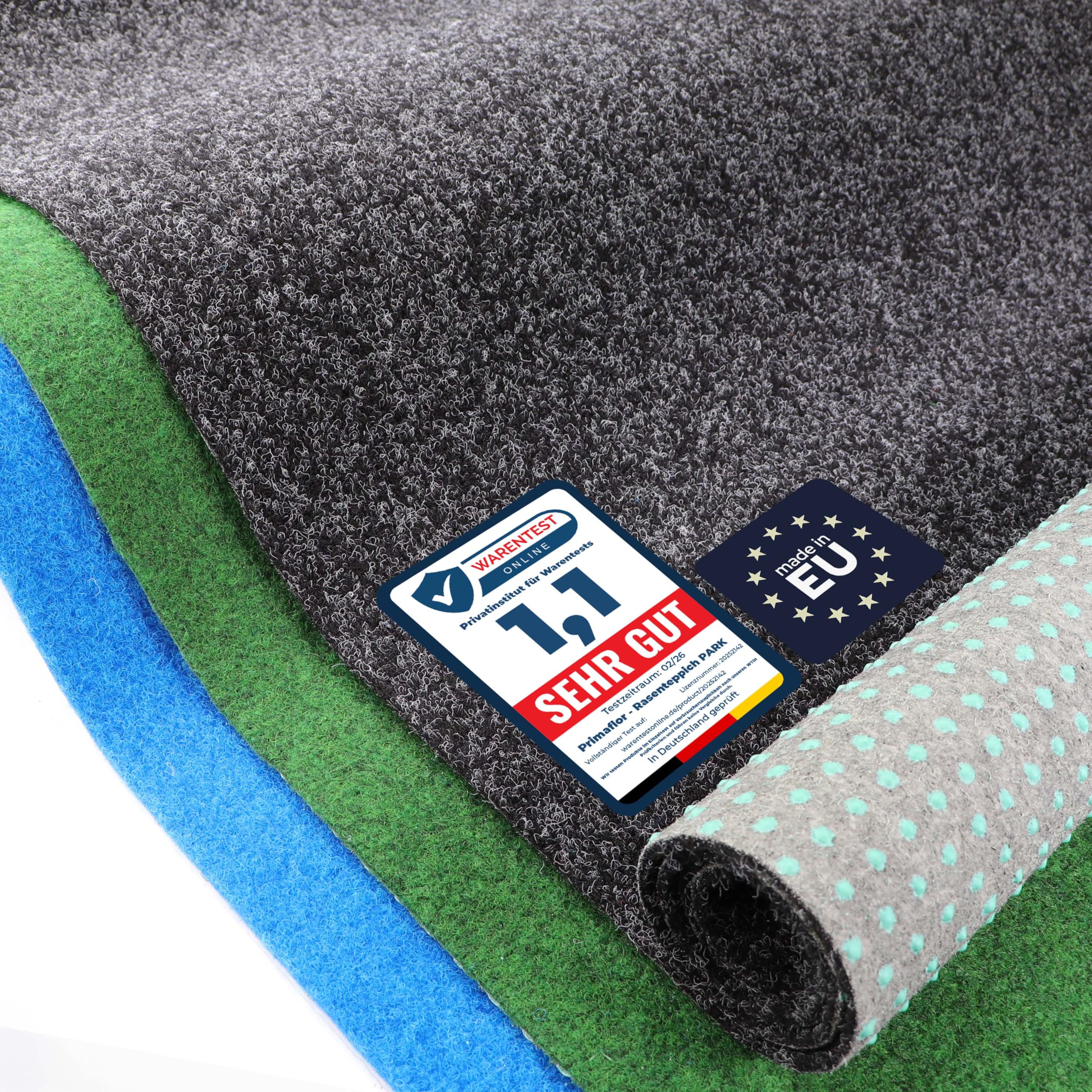Primaflor Rasenteppich Park Anthrazit 400 x 600 cm | 8 mm | UV-stabilisiert | wasserdurchlässig | Noppenrücken | schnelltrocknend | Rasenteppich nach Maß | Outdoor Bodenbelag für Eingang und Flur