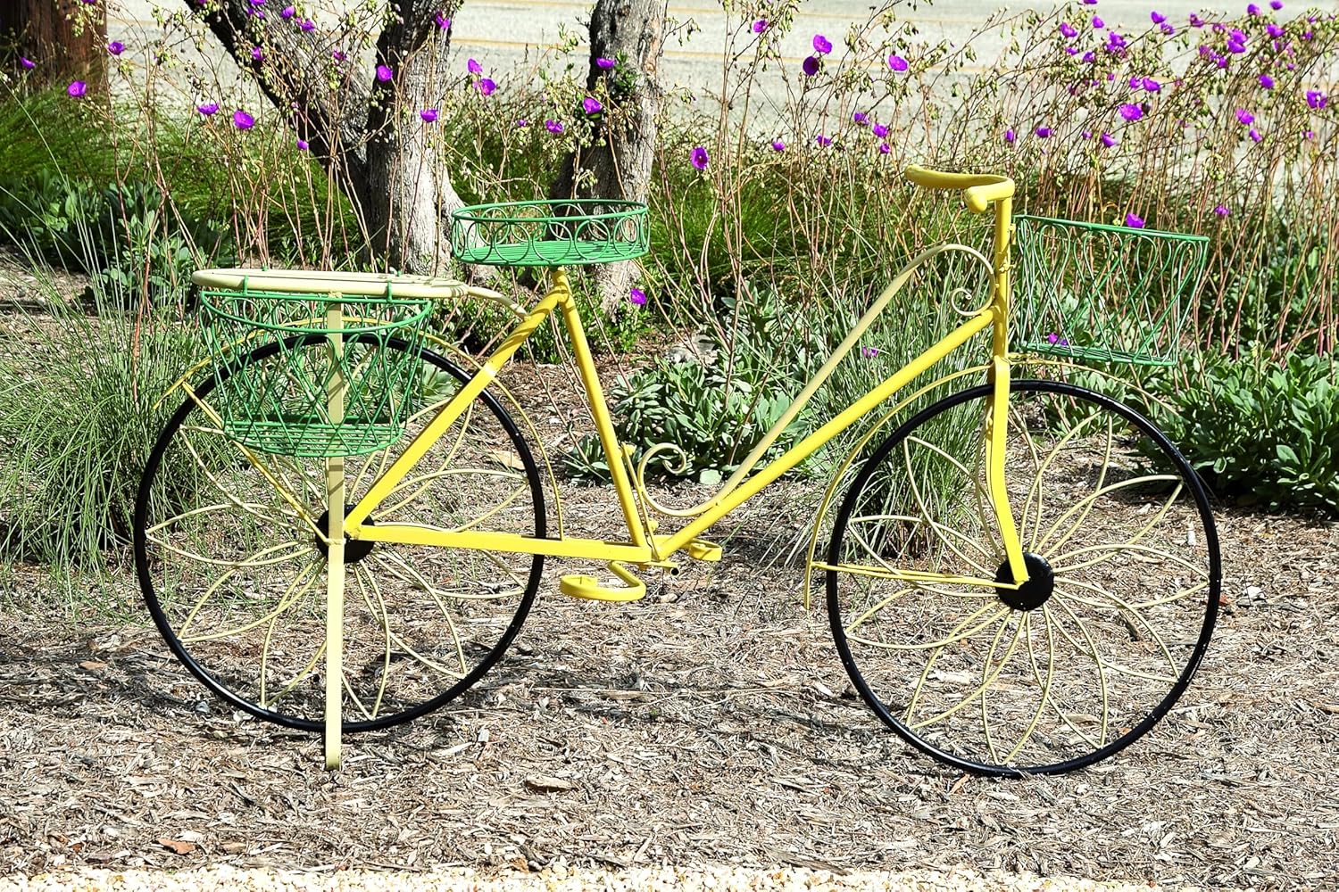 Yellow Iron Bicycle Plant Stand with Baskets and Saddle Bags