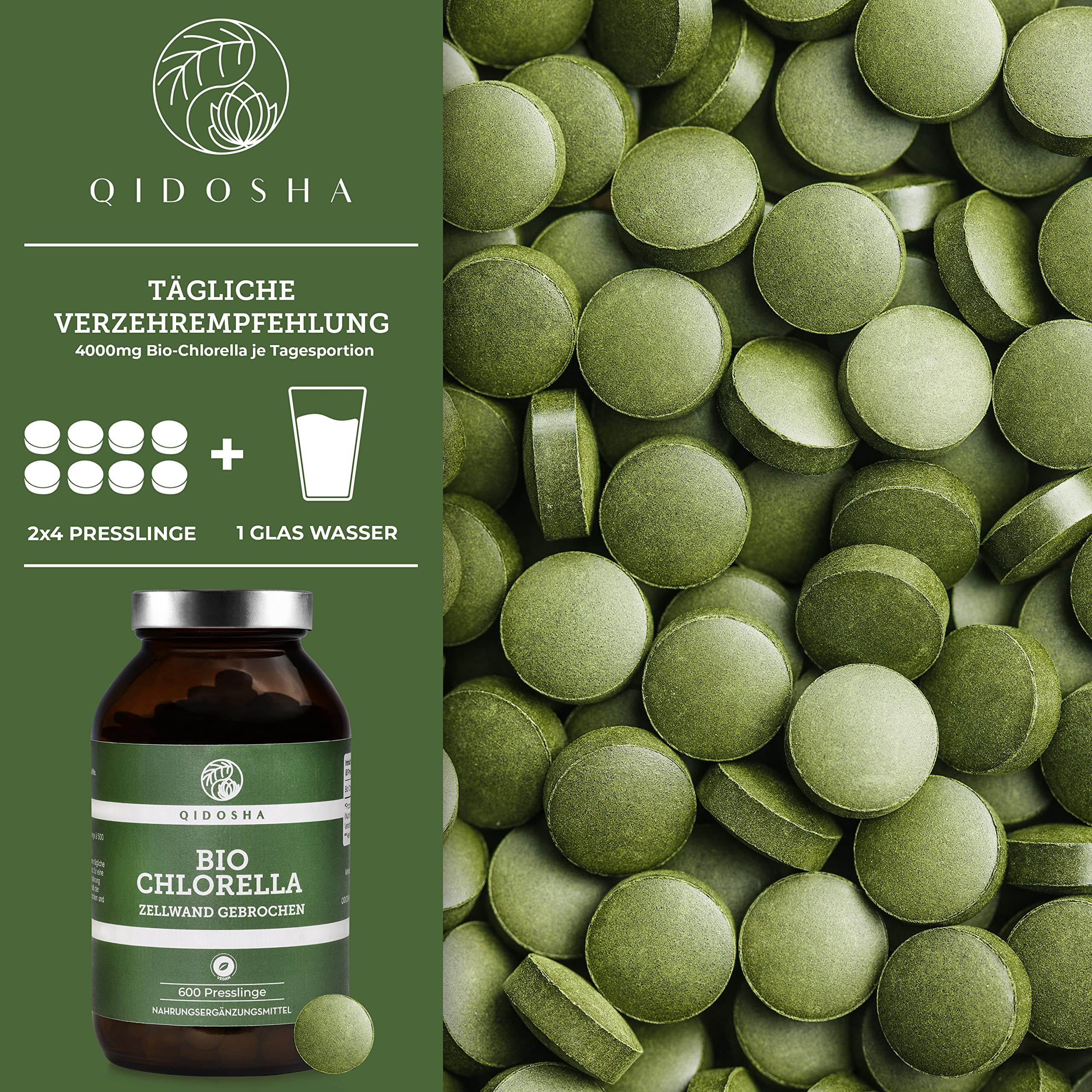 QIDOSHA® Bio Chlorella Presslinge, 600 Stk/Glas, 500mg je Pressling, 100% natürliches Bio-Chlorella vulgaris Pulver aus kontrolliert biologischem Anbau, mit bereits aufgebrochener Zellwand