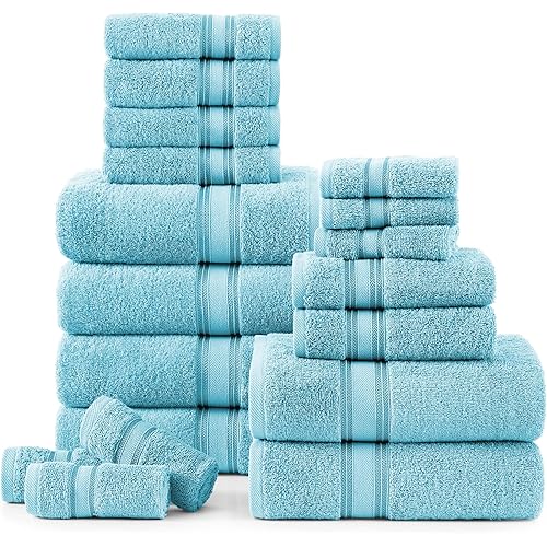 LANE LINEN Luxury 18-Piece Solid Cotton Bathroom Towel Set - 6 Bath Towels, 6 Hand Towels, 6 Wash Cloths - Blue