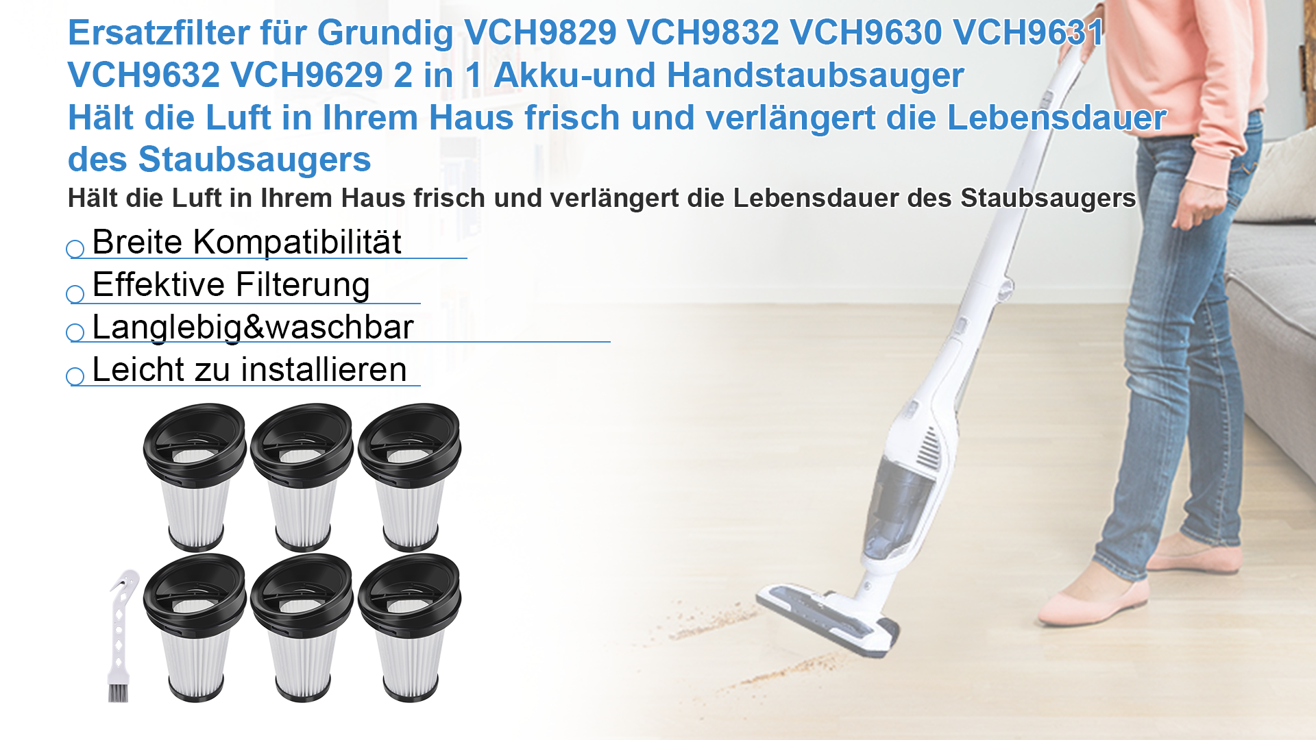 6 Stück Ersatzfilter für Grundig VCH9829 VCH9832 VCH9630 VCH9631 VCH9632 VCH9629 2 in 1 Akku-und Handstaubsauger,Hepa Filter Ersatzteile Teilenummer 9178008590