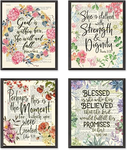Psalm 465, Proverbs 3125, Esther 414, Luke 145 Christian Art Prints for Her, Set of 4, Unframed, Bible Verse Scripture Wall Decor Poster, 8x10 Inches