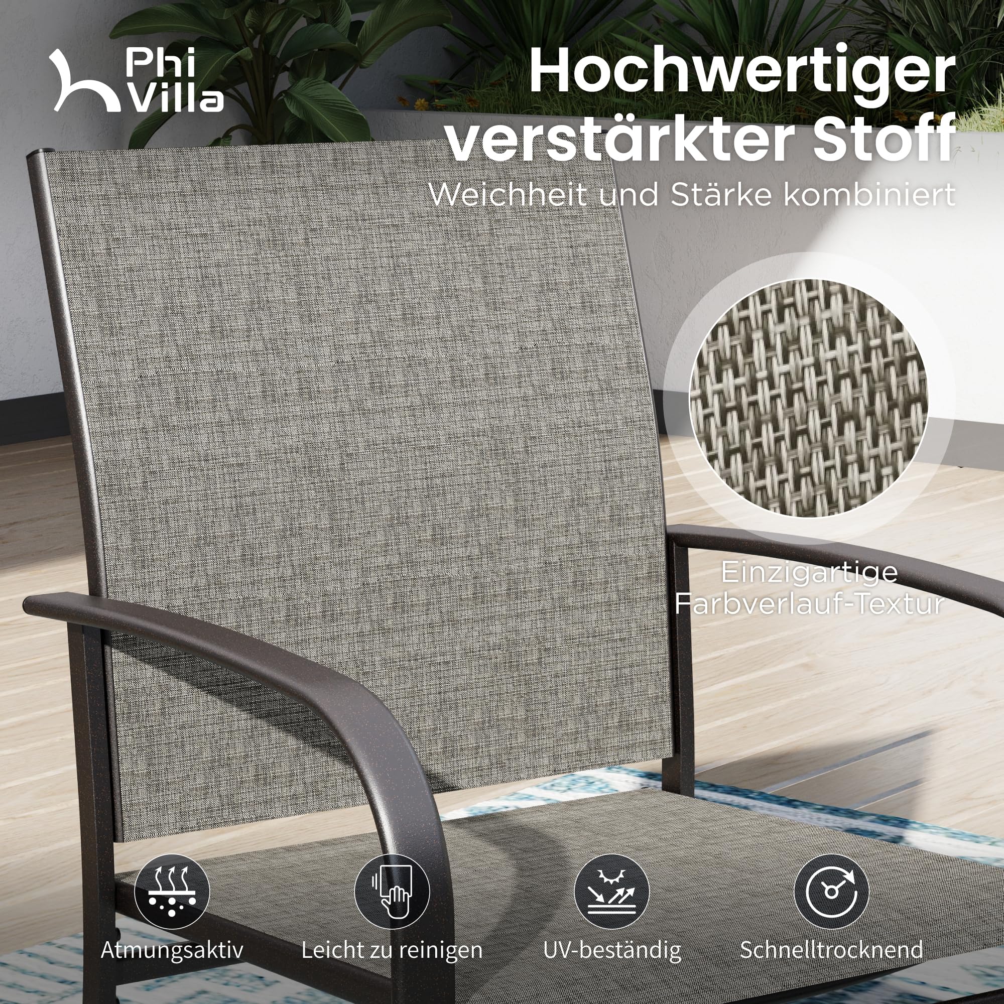 PHI VILLA 5-teiliges Gartenmöbel Set Wetterfest Runder Gartentisch und 4 Braune Textilene Stühle Terrassenmöbel Sitzgruppe Outdoor für Balkon,Deck,Hof