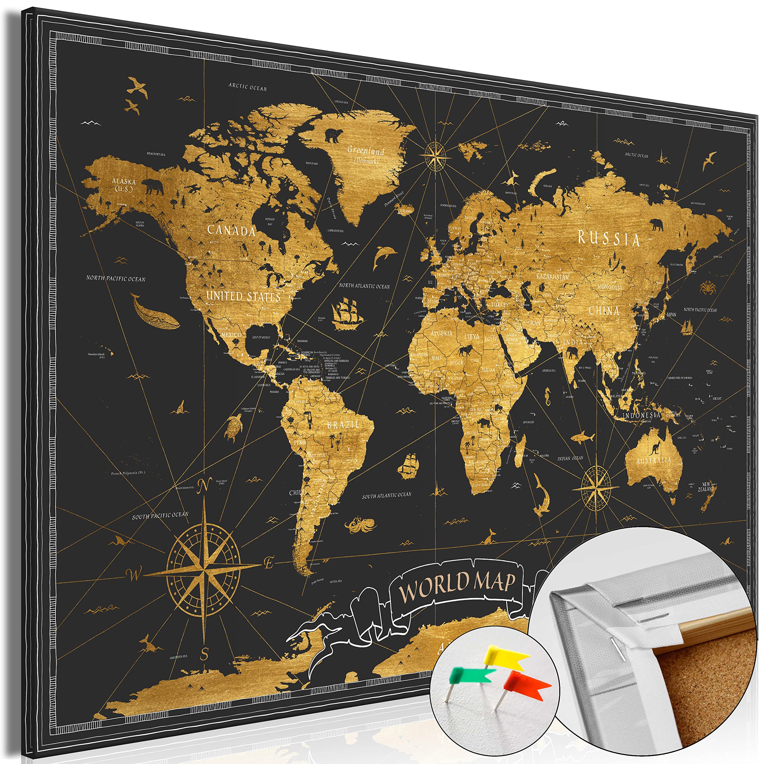 murando - Lavagna Di Sughero per Puntine - Mappa Mondo 120x80 cm 1 Pezzo - Bacheca Sughero da Parete & Quadro su tela in un Uno - Grande Decorativo per Parete per le Note - Geografica k-A-0490-p-a
