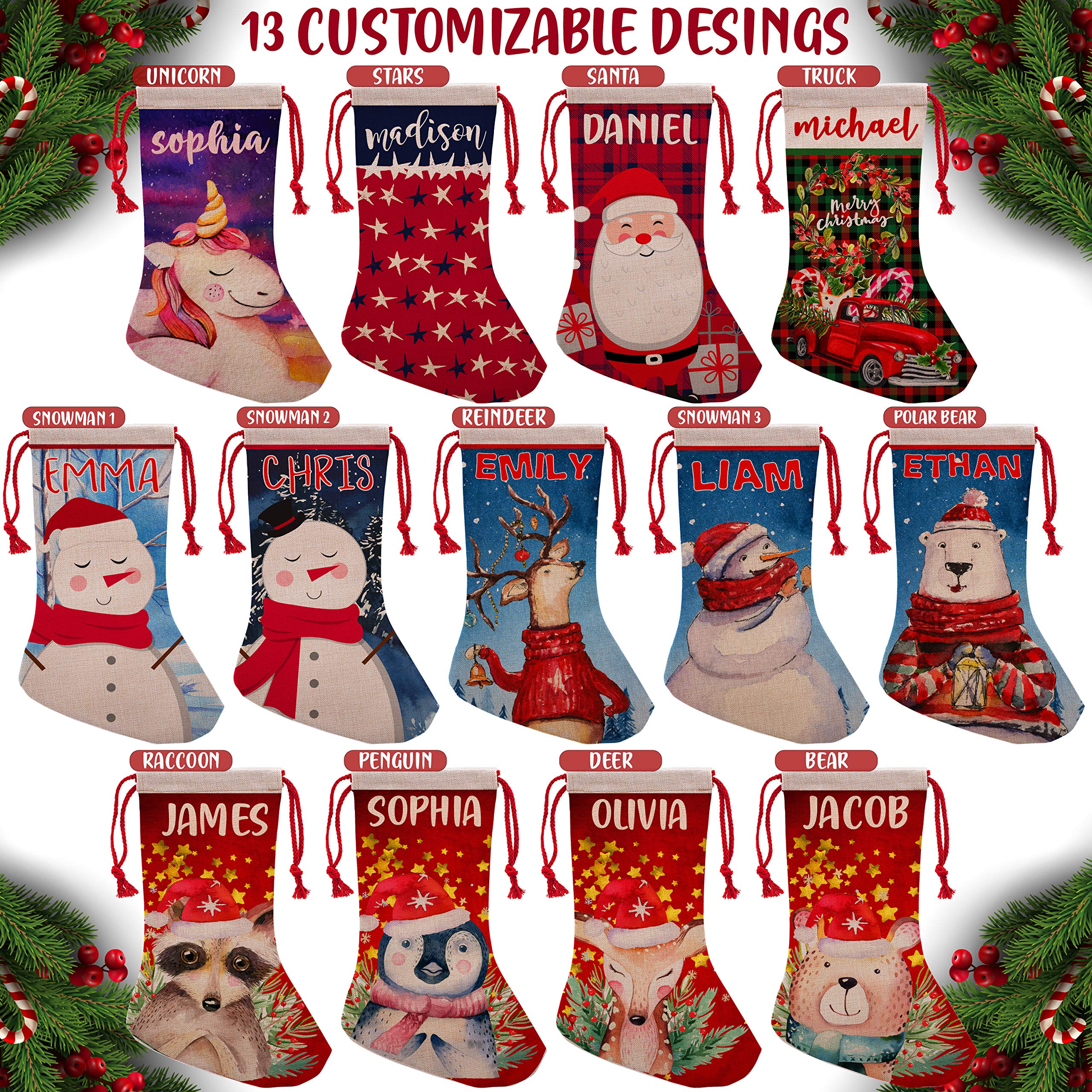 USA Custom Gifts Single - Personalized Christmas Stockings w/ 13 Patterns - 16 inches Personalized Name, Reindeer, Snowman, Unicorn, Santa, Penguin, Fireplace Decoration Holiday Stocking Decorations