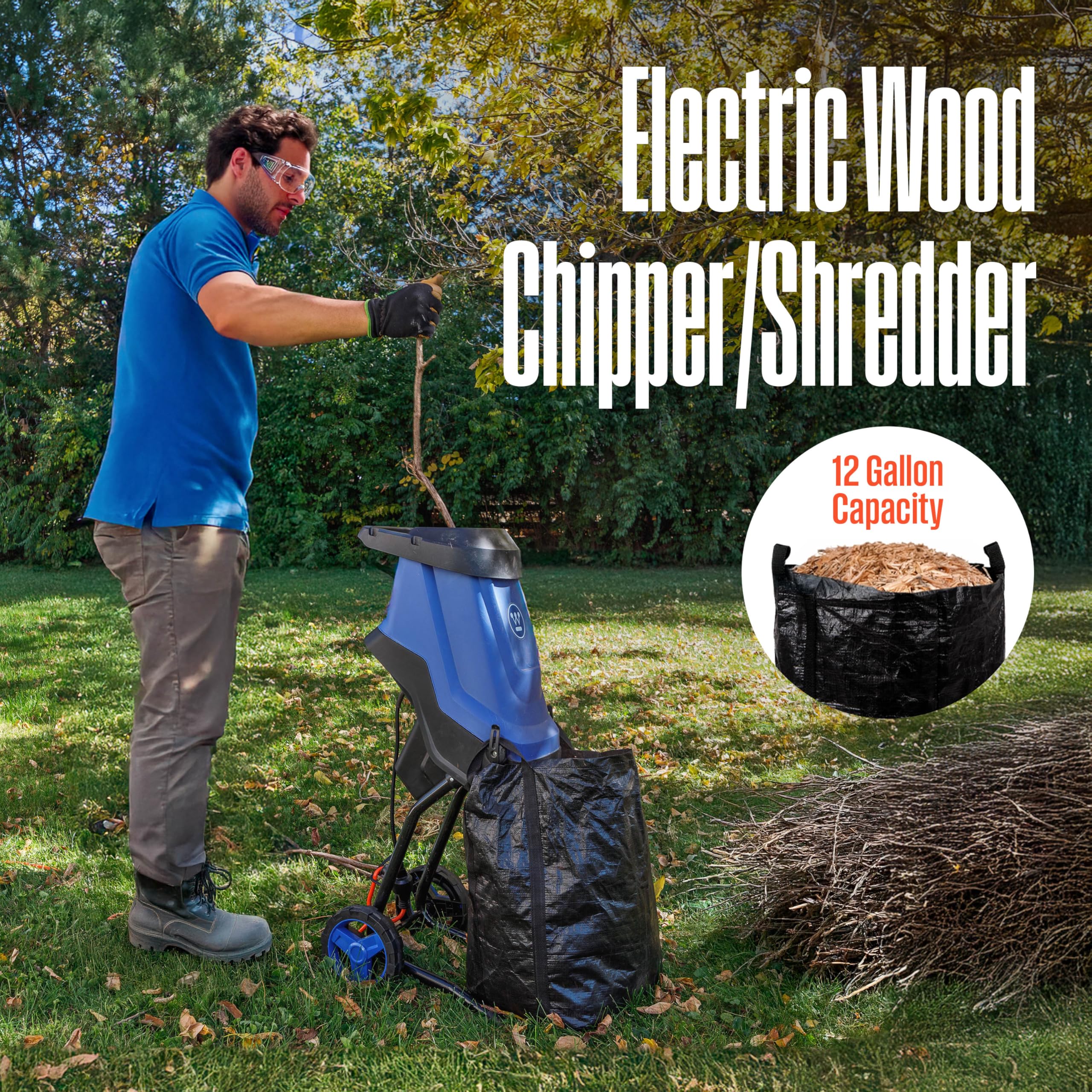 Westinghouse 1.7-Inch 15 Amp Corded Electric Mulcher Chipper Shredder with 12 Gallon Collection Bag for Easy Cleanup Ideal for Branches and Twigs - Detailed View