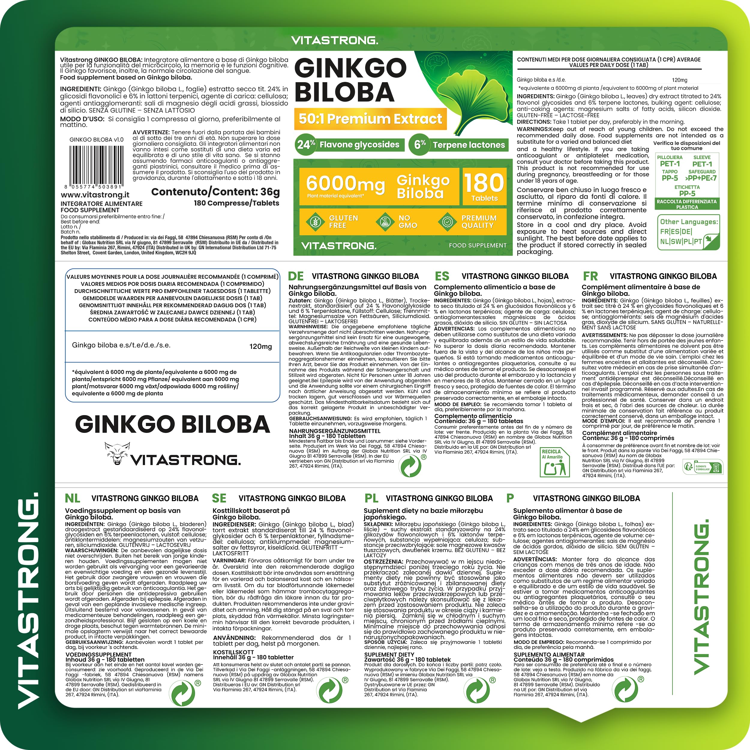 Ginkgo Biloba Nahrungsergänzungsmittel Vitastrong, 180 Vegan Tabletten, 6000mg hohe Bioverfügbarkeit, natürliches Nootropikum, Brain Focus Konzentration, Ginkgo Biloba Hochdosiert Gluten- und GVO-frei