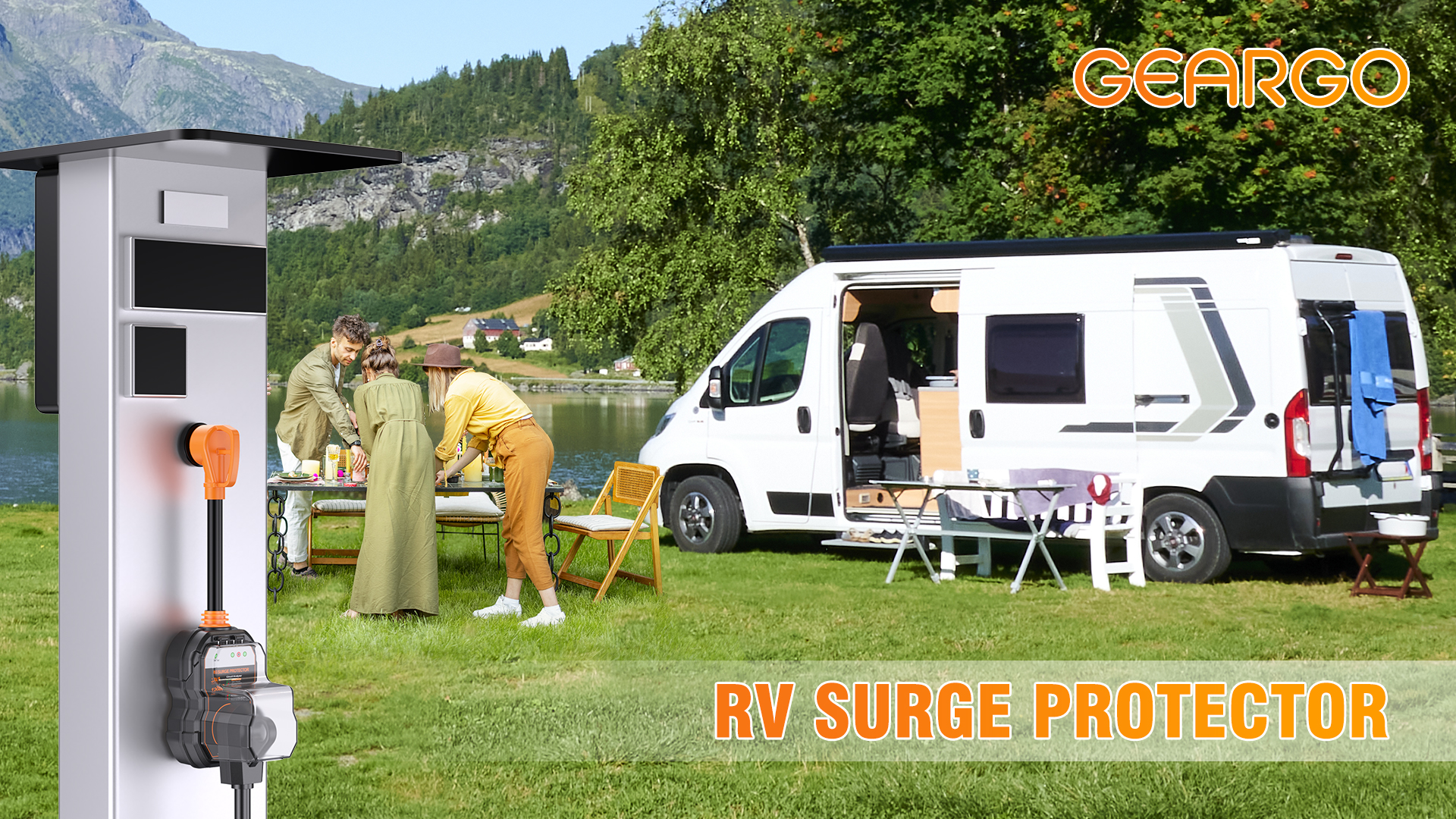 Image of GEARGO 𝟑𝐭𝐡-𝐆𝐞𝐧 RV Surge Protectors 30 Amp, 𝐋𝐚𝐭𝐞𝐬𝐭 RV Circuit Analyzer, IP68 Surge Voltage Protection, RV Adapter Plug for Camper (Orange)