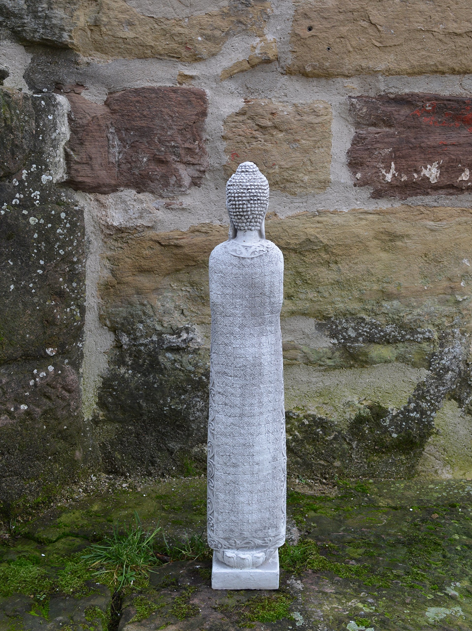 gartendekoparadies.de Schlanke Massive Steinfigur Thailändische Mönch Buddha Statue aus Steinguss Frostsicher, Höhe 68 cm, Gewicht 8 kg, Grau