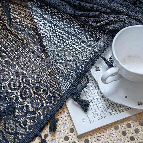 Miniatura 7 de Sutuo Home Cortina bohemia negra para decoración de Halloween, encaje de ganchillo transparente hecha a mano, borlas de punto, tratamiento de
