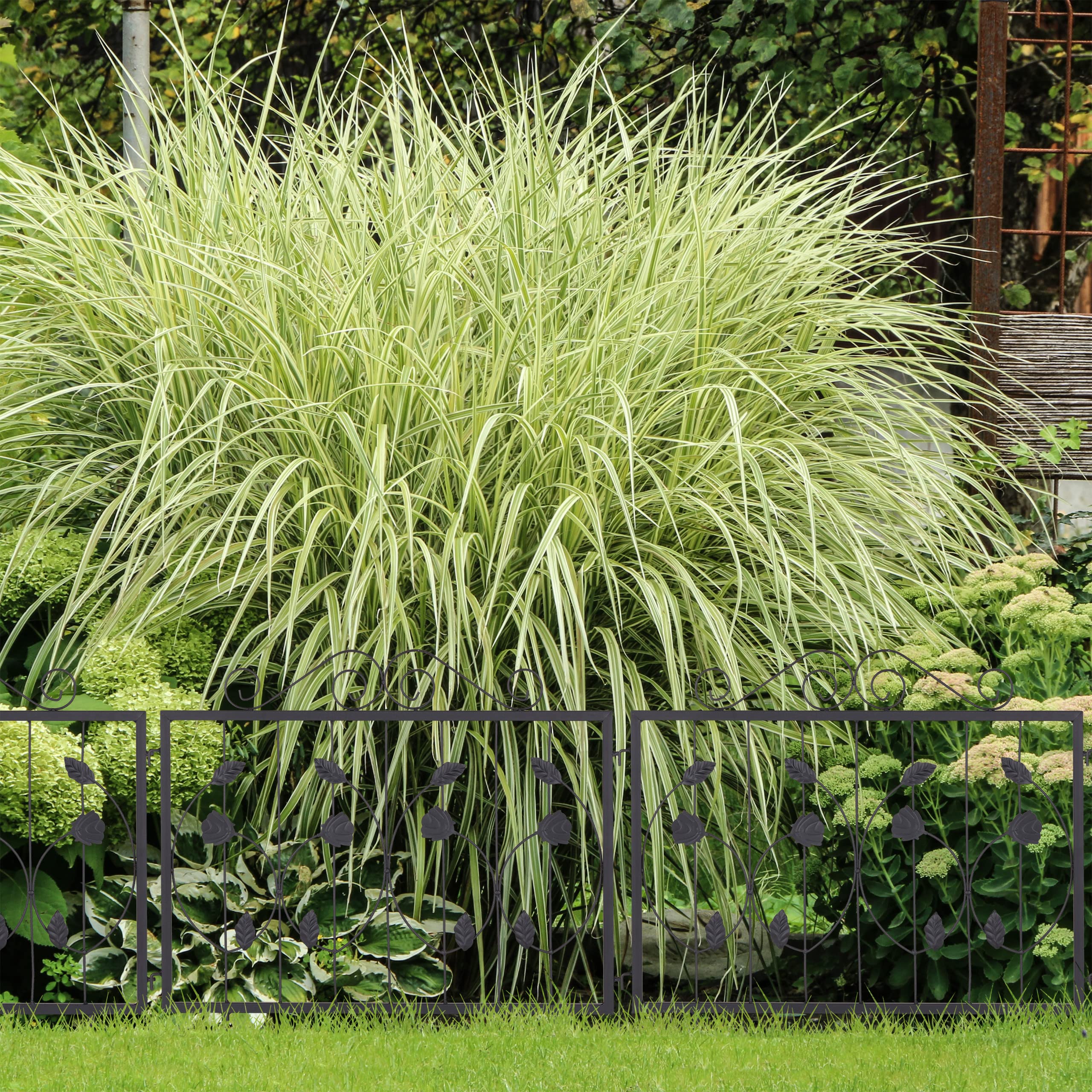 Relaxdays Recinzione per Aiuole, Set 4 Pannelli per Cortile e Giardino, Design Rose e Foglie, Ferro, HL: 60x60 cm, Nero