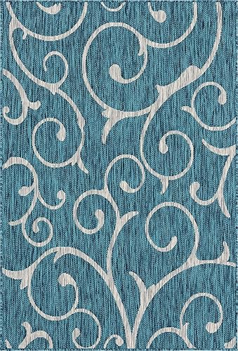 Unique Loom Outdoor Botanical Collection - Alfombra rizada, 4 pies 1 pulgada x 6 pies 1 pulgada, rectangular, verde azuladomarfil