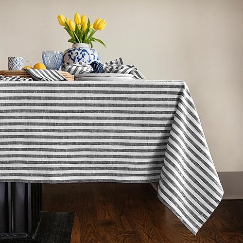Solino Home Mantel de 60 x 90 pulgadas, 100 % lino, a rayas Amalfi, color blanco y negro, lavable a máquina, para primavera, verano, interior,