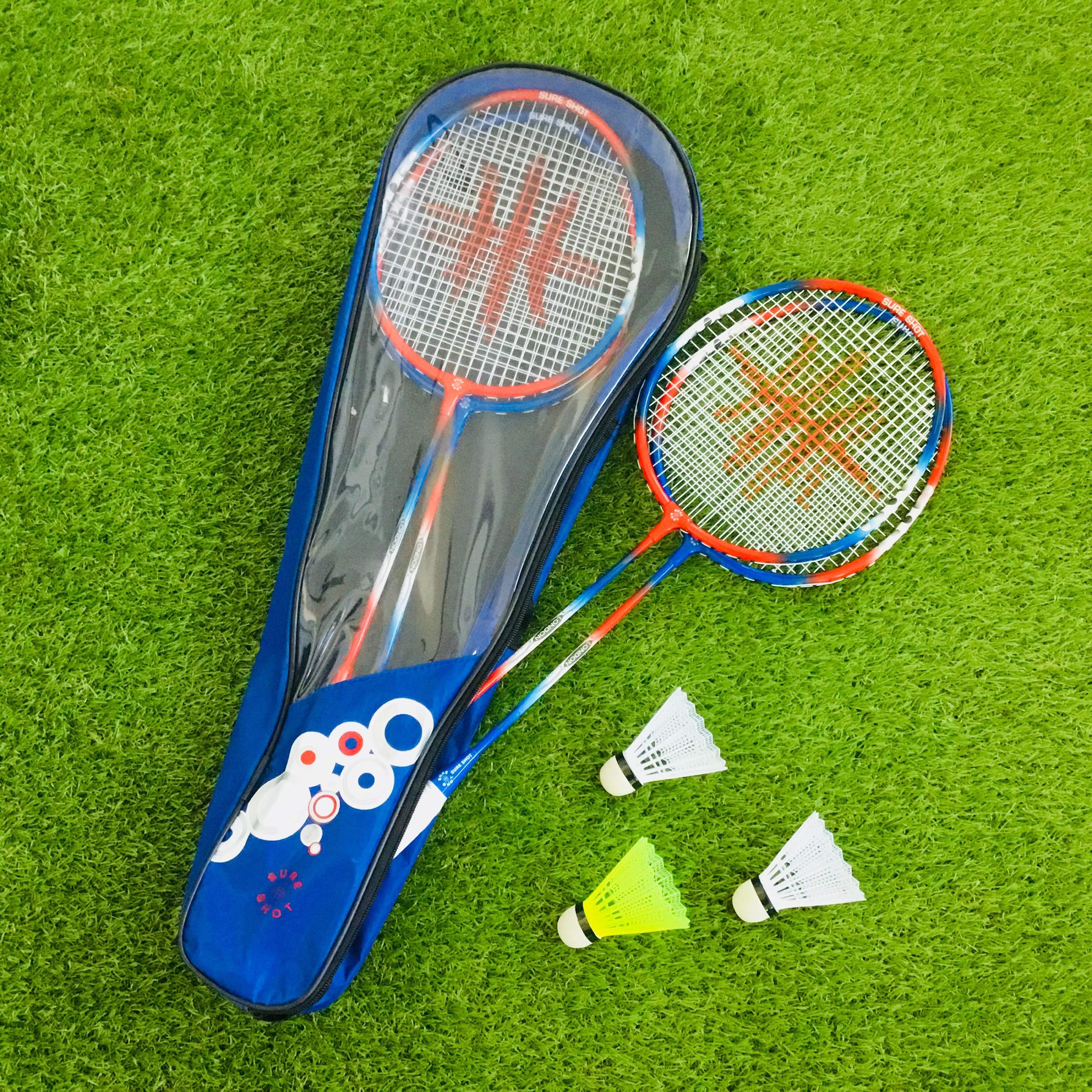 Sure Shot London 4 Player Set6 Badmintonschläger Set mit 4 x Erwachsenenschlägern und 3 Federbällen inkl. tragbarem Netz und Pfosten und Tragetasche, rot/weiß/blau, 26.35cm